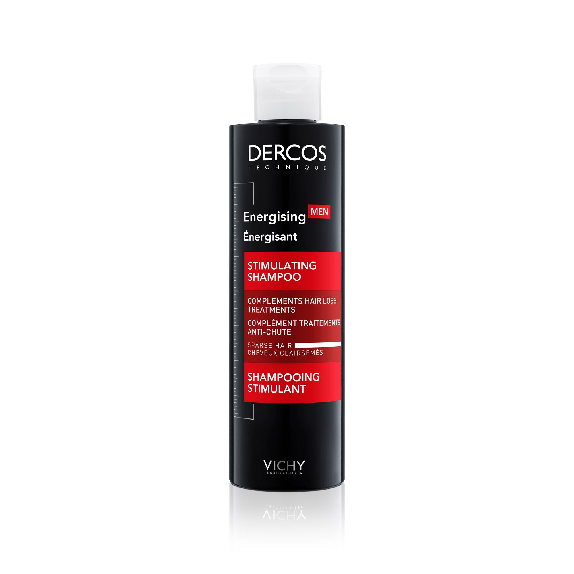Flacone nero con tappo bianco. Etichetta rossa con testo: Dercos, Energising Shampoo, Stimulating Shampoo.