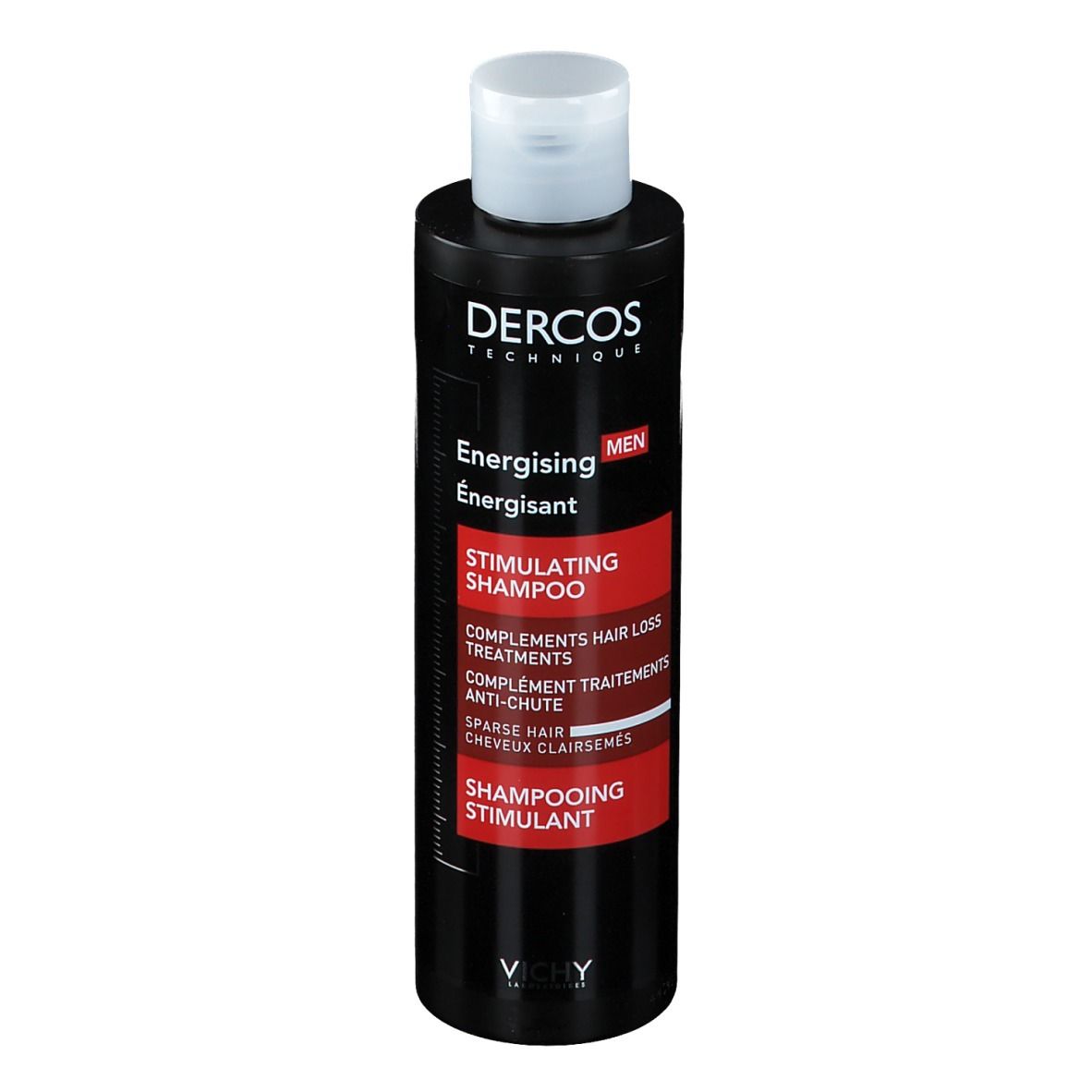 Flacone nero con tappo bianco. Etichetta rossa con testo: Dercos, Energising Shampoo, Stimulating Shampoo.