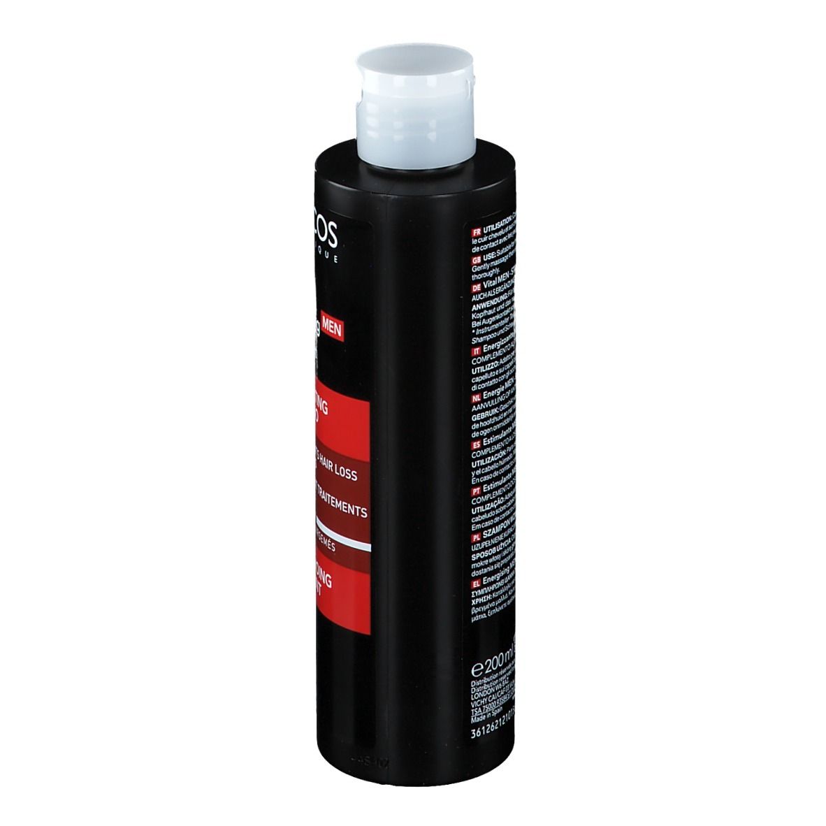 Flacone nero con tappo bianco. Retro con testo multilingue. E200ml.