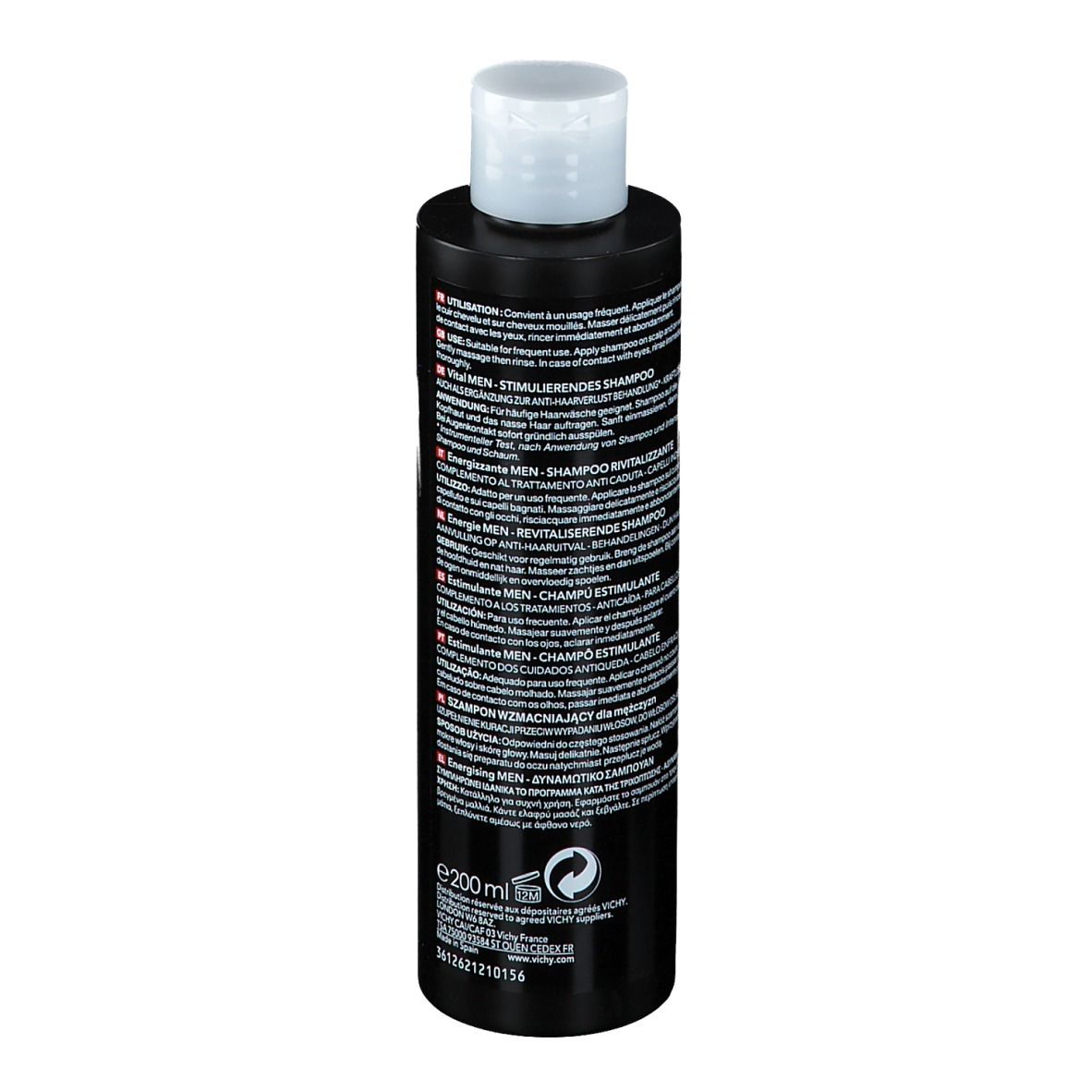 Flacone nero con tappo bianco. Retro con testo multilingue. E200ml.
