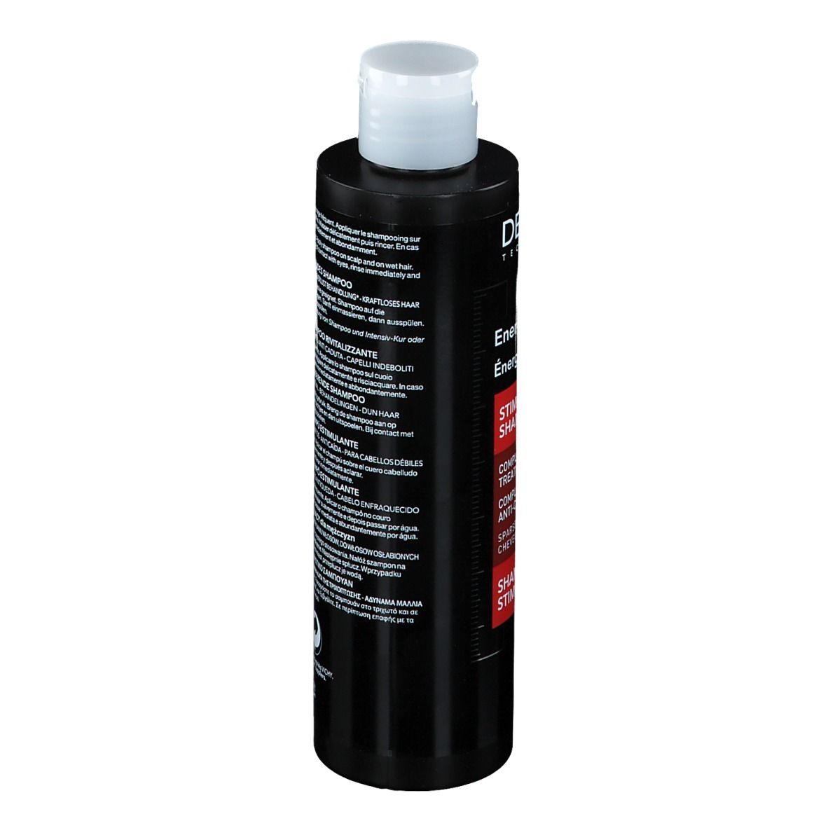 Flacone nero con tappo bianco. Retro con testo multilingue. E200ml.