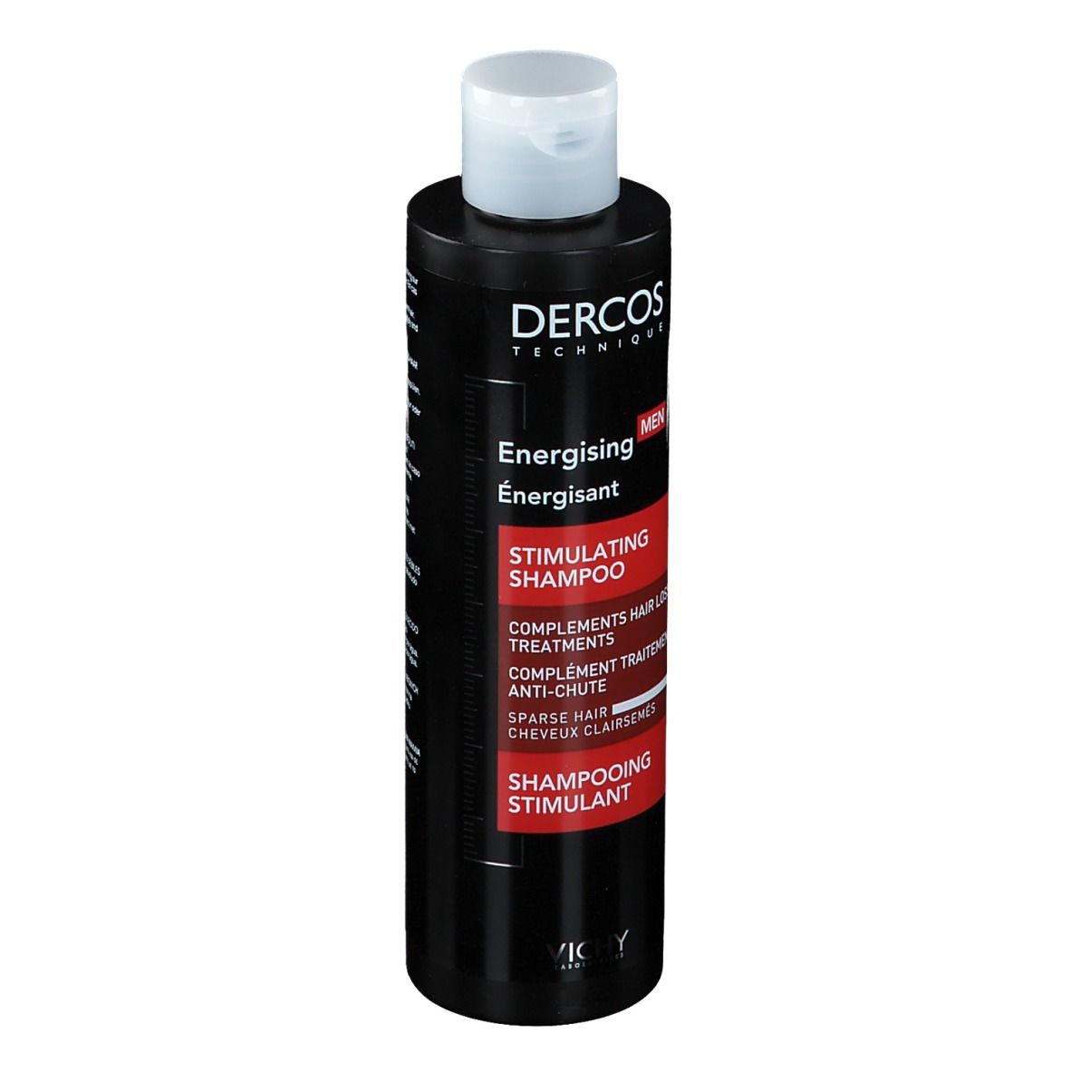 Flacone nero con tappo bianco. Etichetta rossa con testo: Dercos, Energising Shampoo, Stimulating Shampoo.