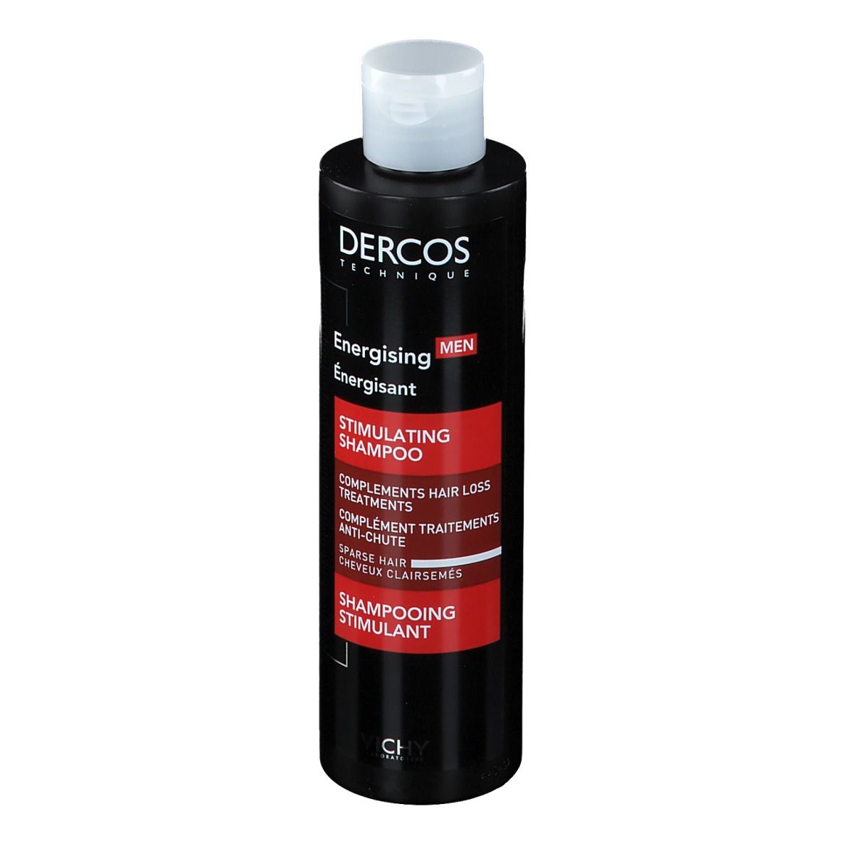Flacone nero con tappo bianco. Etichetta rossa con testo: Dercos, Energising Shampoo, Stimulating Shampoo.
