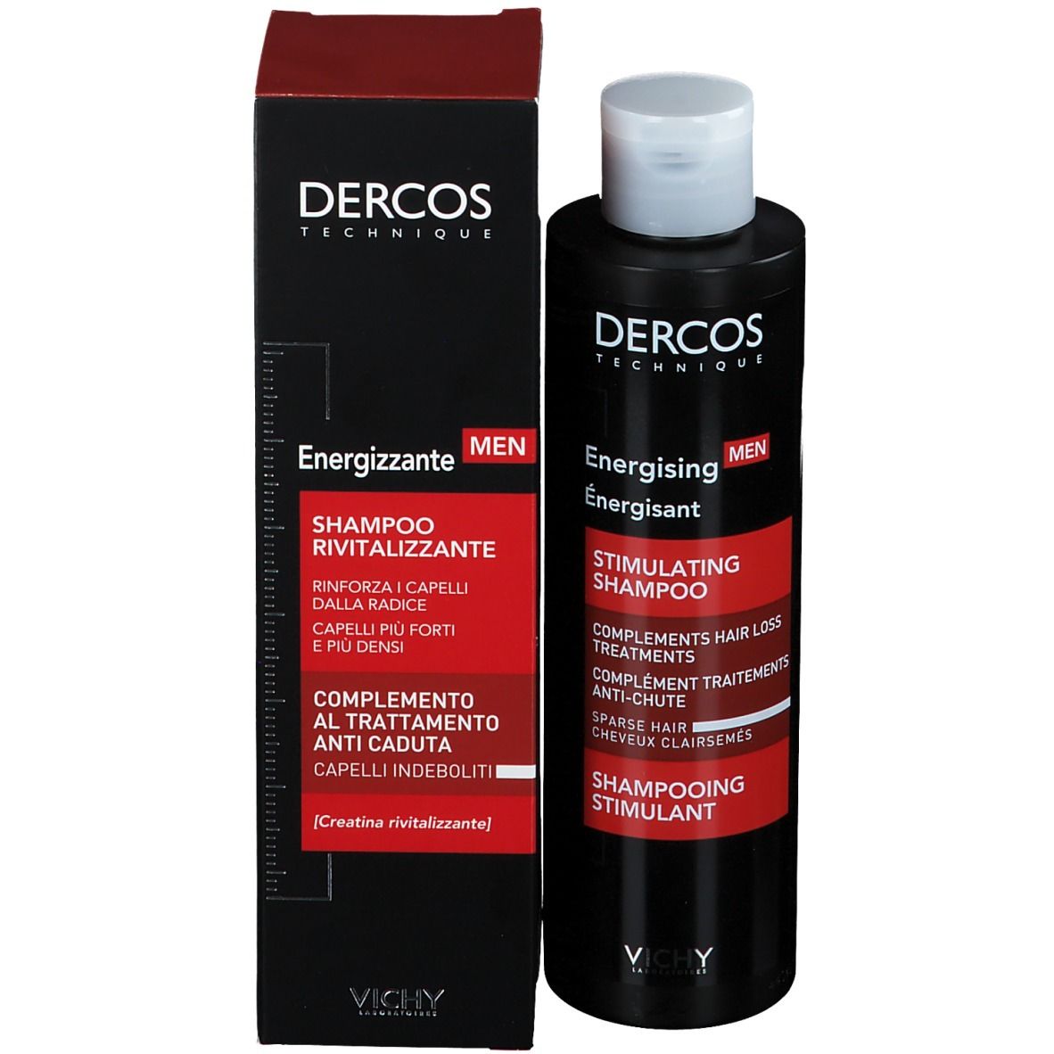 Flacone e scatola neri. Etichetta rossa con testo: Dercos, Energising Shampoo, Stimulating Shampoo.