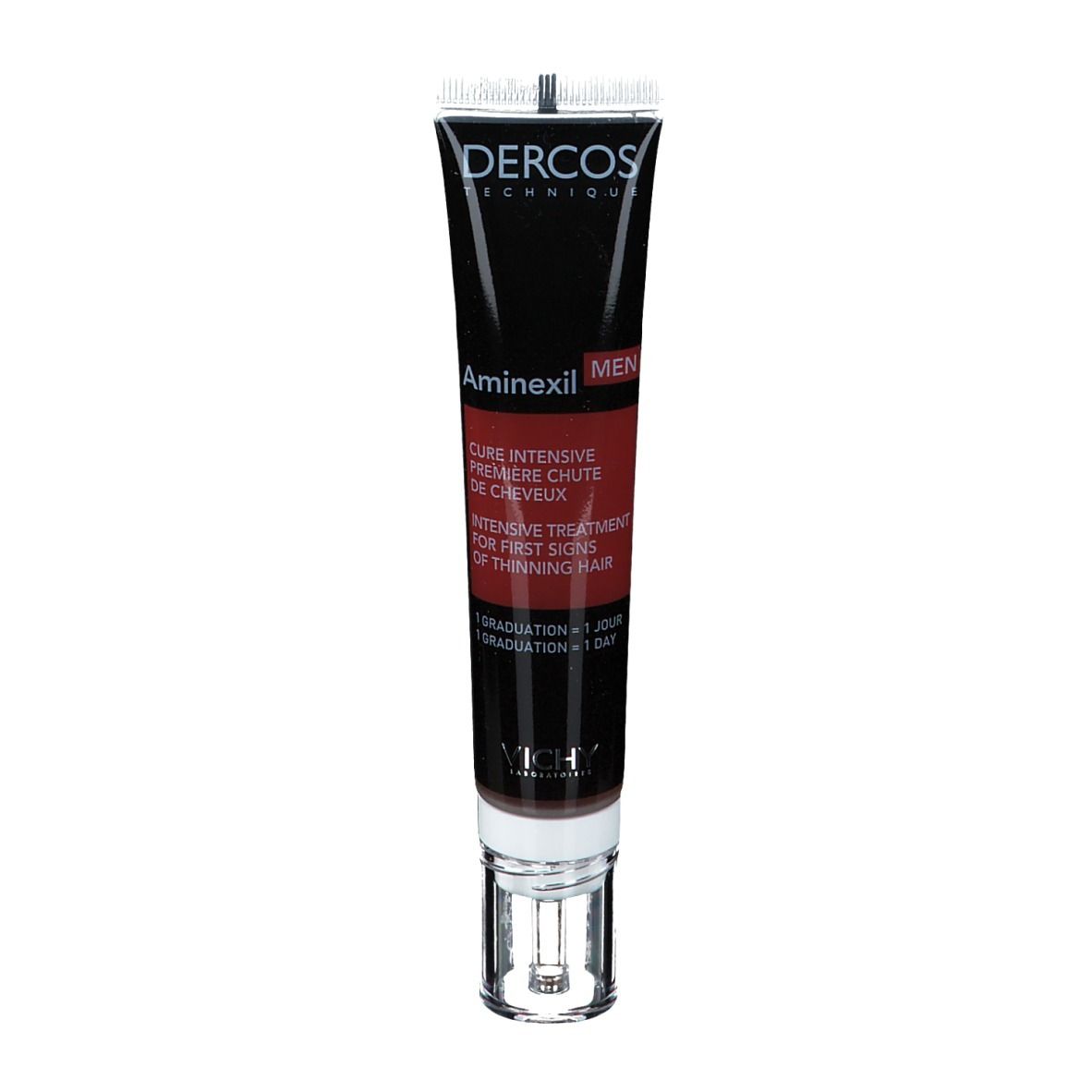 Tube noir avec applicateur blanc. Inscription: Dercos Technique, Aminexil Men. Texte rouge: Cure Intensive Première Chute de Cheveux.