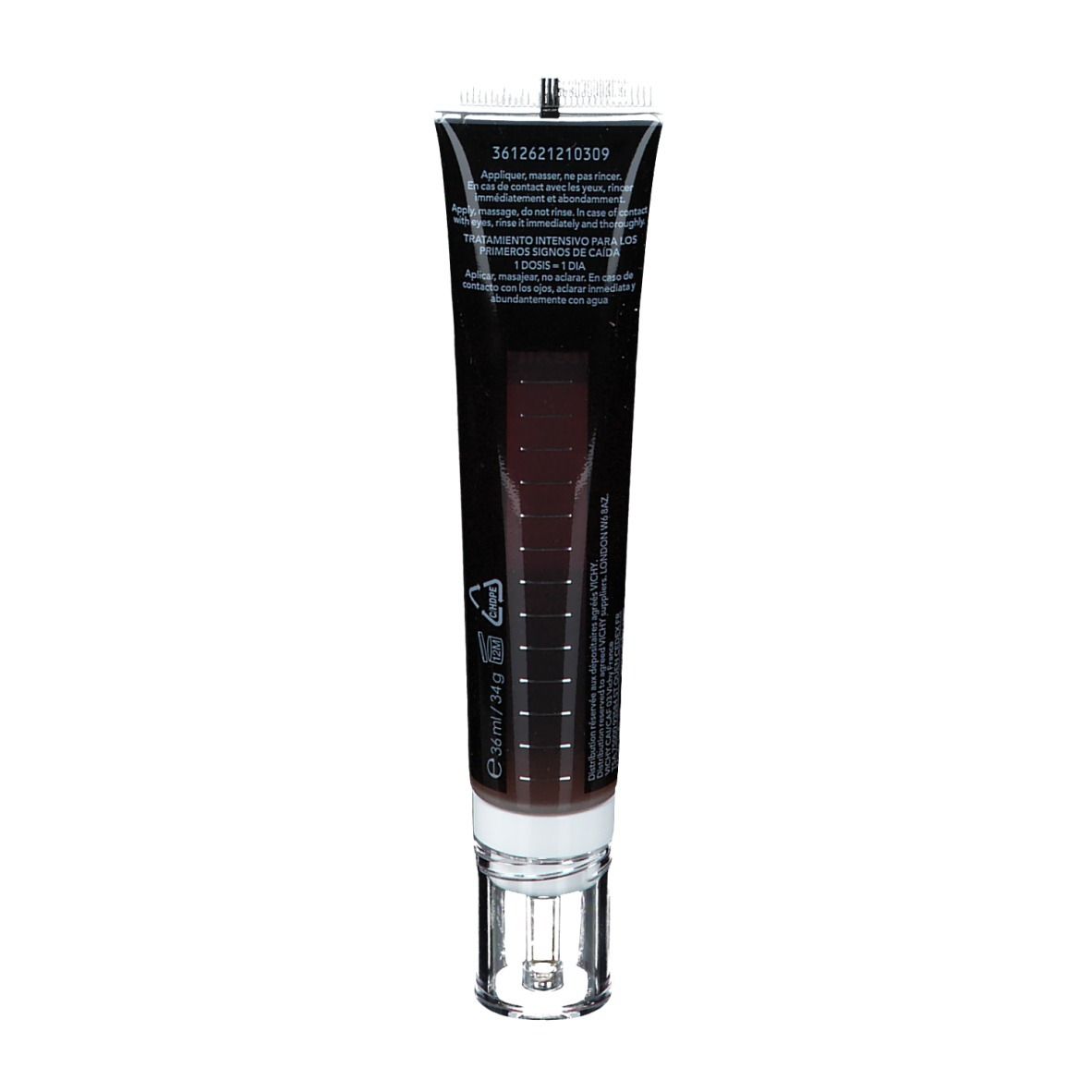 Dos d'un tube noir avec applicateur blanc. Inscription: Dercos, 3612621210309. Informations sur l'utilisation et les ingrédients.