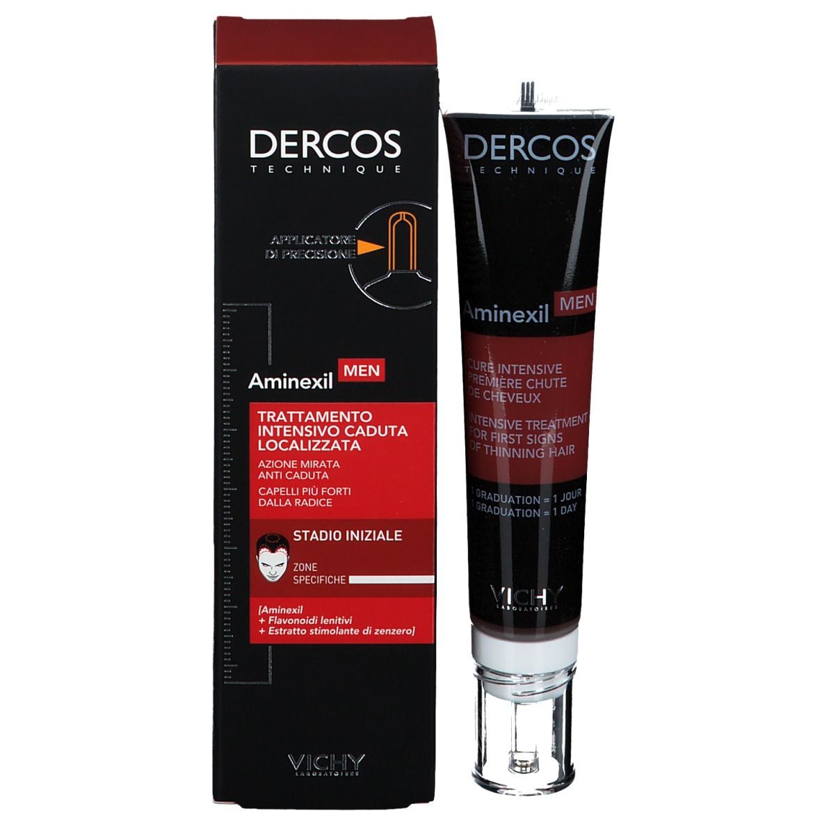 Boîte noire avec tube et applicateur. Inscription: Dercos Technique, Aminexil Men. Traitement contre la chute des cheveux. Image d'un homme.