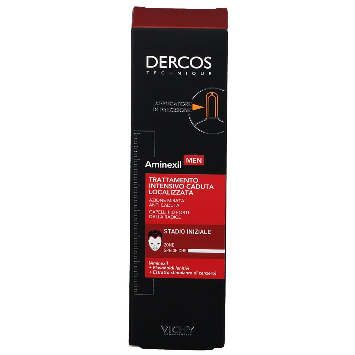 Boîte noire. Inscription: Dercos Technique, Aminexil Men. Traitement contre la chute des cheveux. Image d'un homme. Logo Vichy.