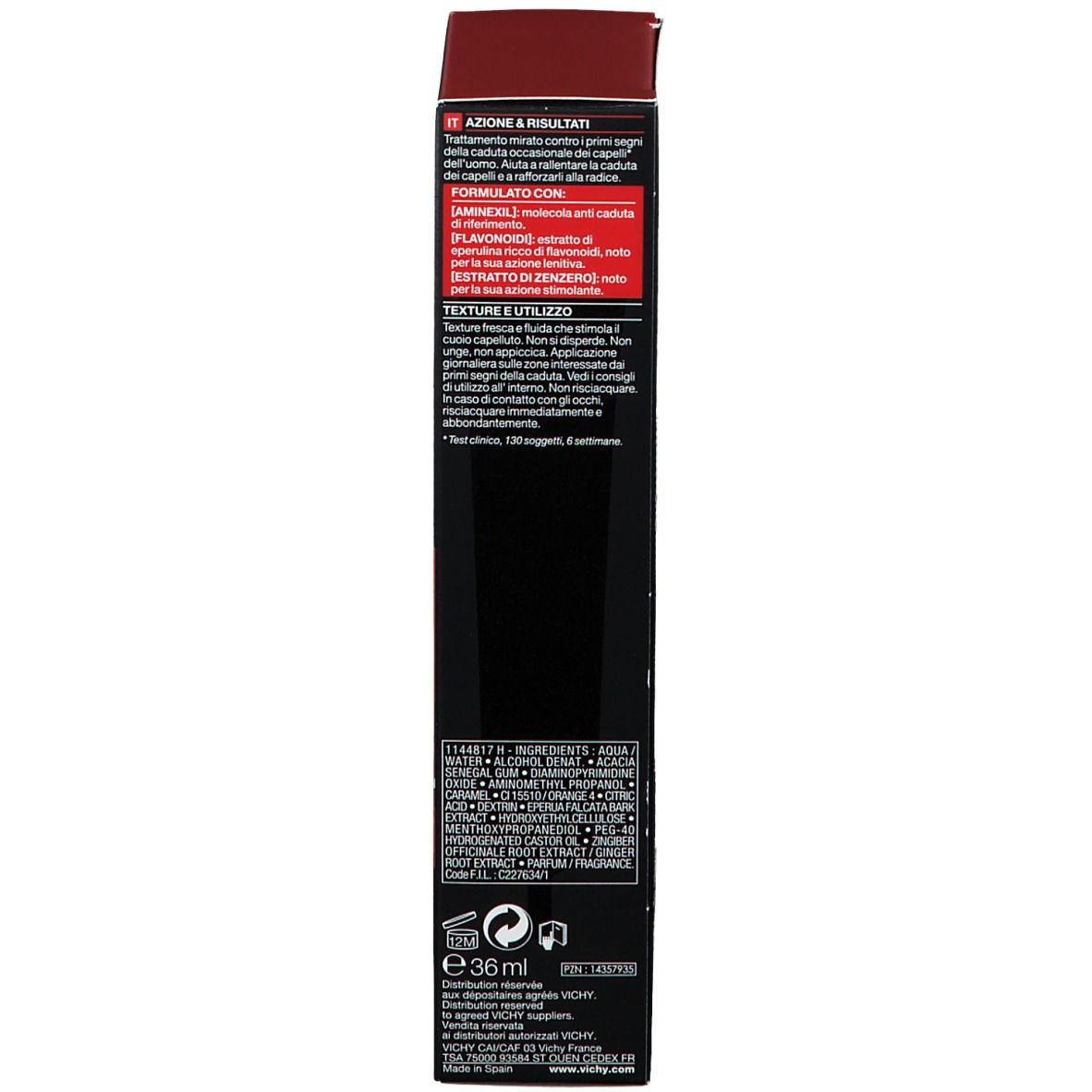 Dos d'une boîte noire. Inscription: Dercos Technique. Informations sur les ingrédients et l'utilisation. E 36 ml.