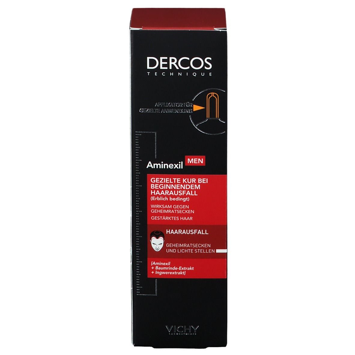 Boîte noire. Inscription: Dercos Technique, Aminexil Men. Cure ciblée pour la chute des cheveux débutante. Image d'un homme.