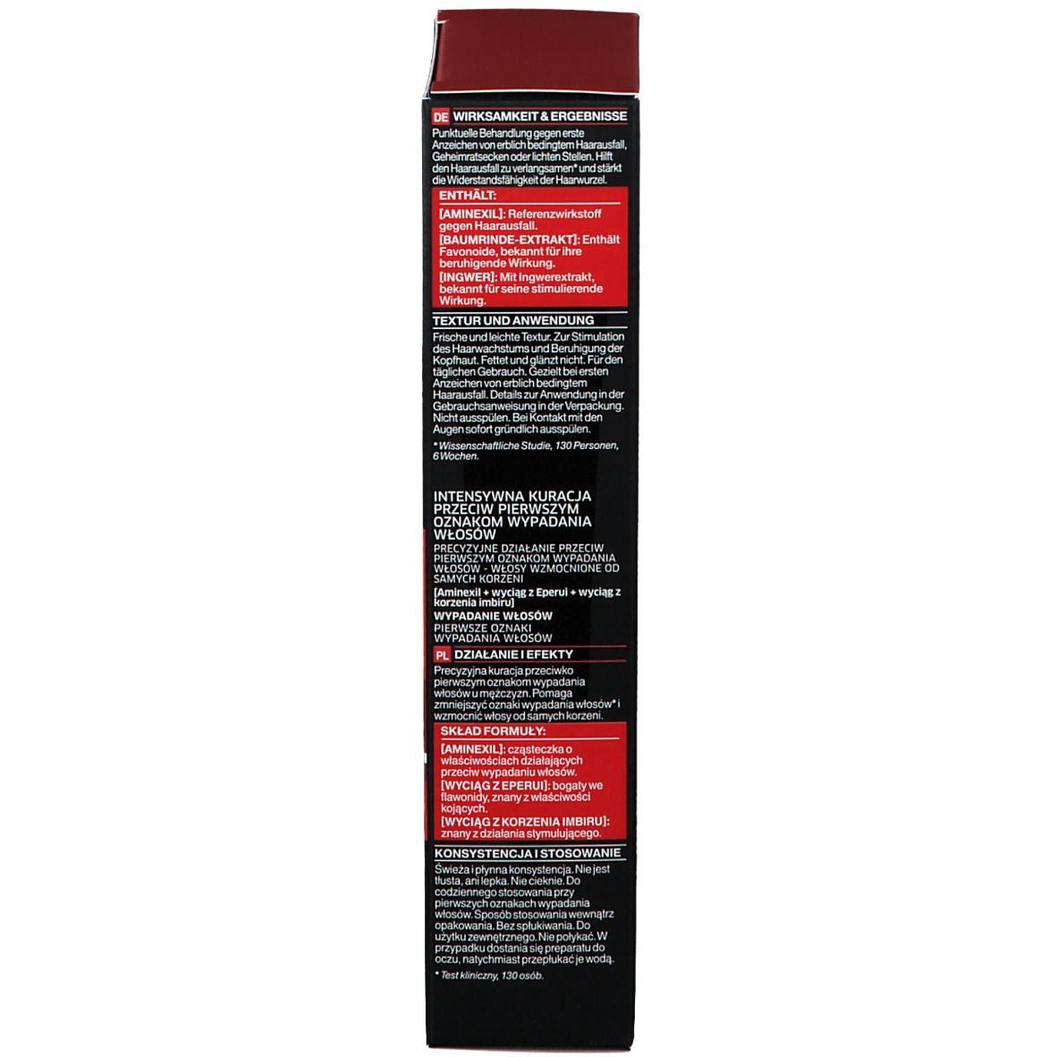 Dos d'une boîte noire. Inscription: Dercos Technique. Informations sur l'efficacité, l'utilisation et les ingrédients.