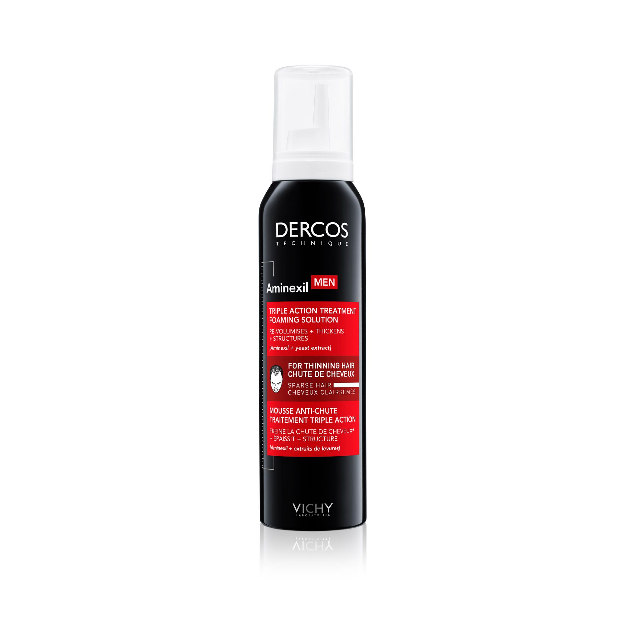 Flacone nero con erogatore bianco. Scritte: Dercos, Aminexil, MEN. Accenti rossi con testo.