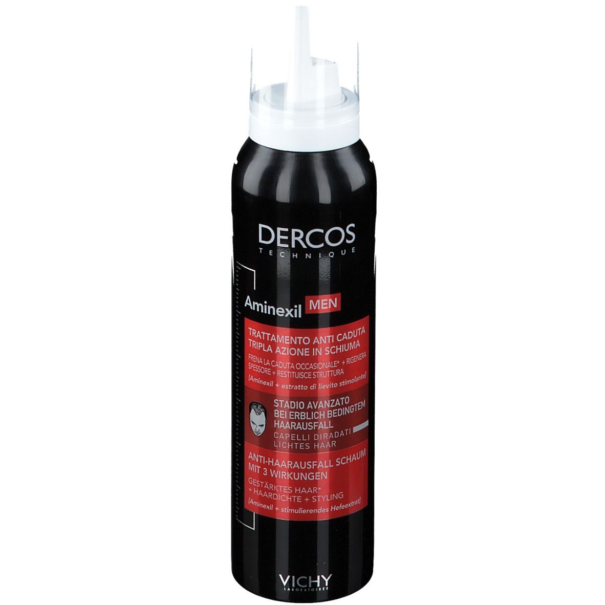 Flacone nero con erogatore bianco. Scritte: Dercos, Aminexil, MEN. Accenti rossi con testo.