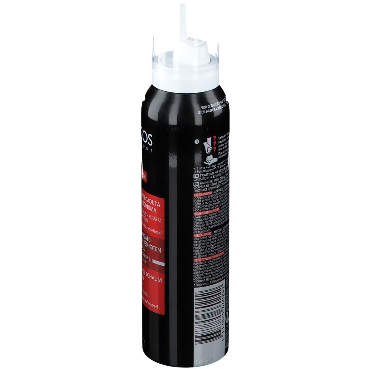 Flacone nero con erogatore bianco. Scritte: Dercos, Aminexil, MEN. Accenti rossi con testo.
