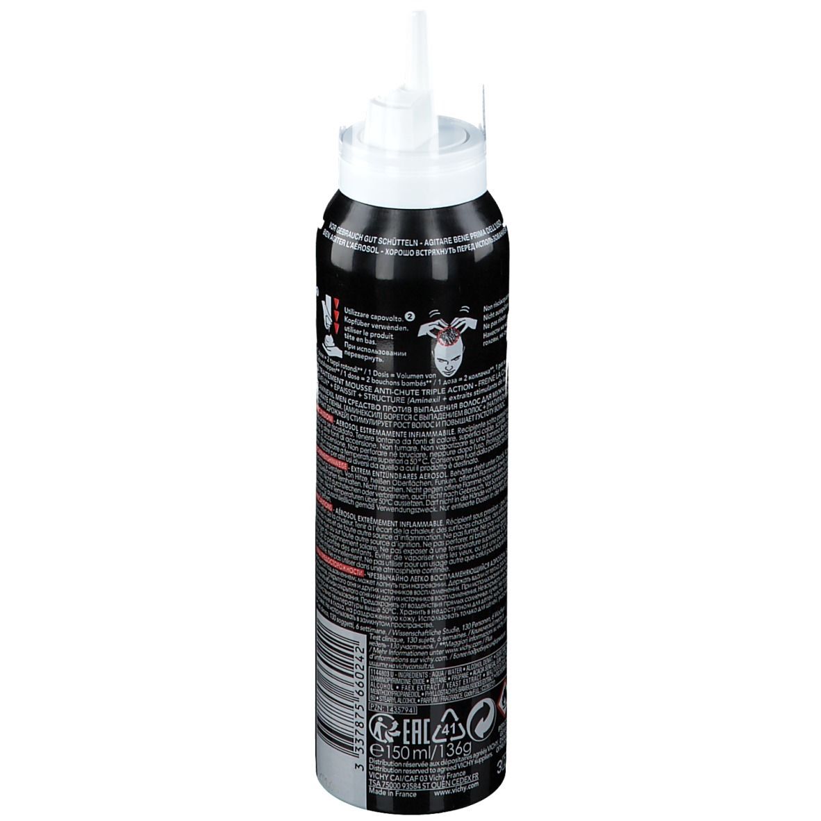 Flacone nero con erogatore bianco. Scritte: Dercos, Aminexil, MEN. Accenti rossi con testo.