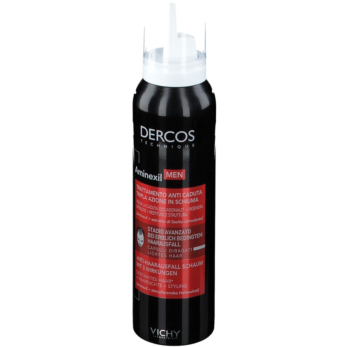 Flacone nero con erogatore bianco. Scritte: Dercos, Aminexil, MEN. Accenti rossi con testo.