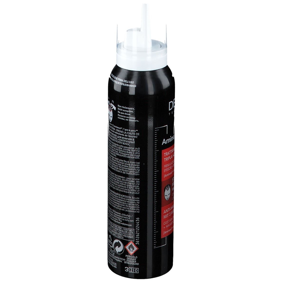 Flacone nero con erogatore bianco. Scritte: Dercos, Aminexil, MEN. Accenti rossi con testo.