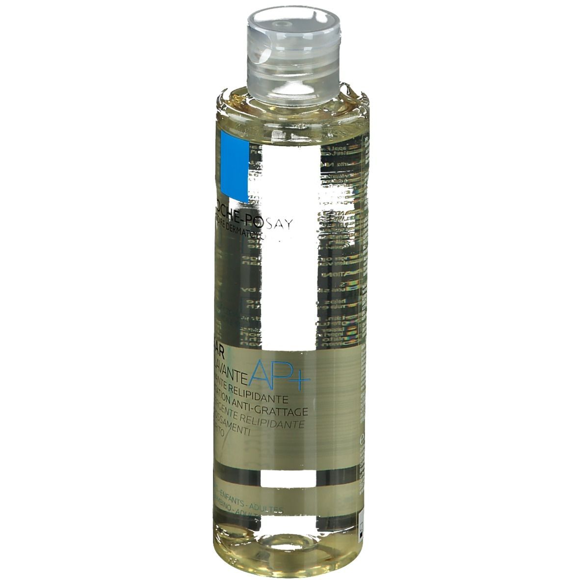 Olio detergente per il corpo in bottiglia con tappo trasparente. Etichetta con informazioni sul prodotto.