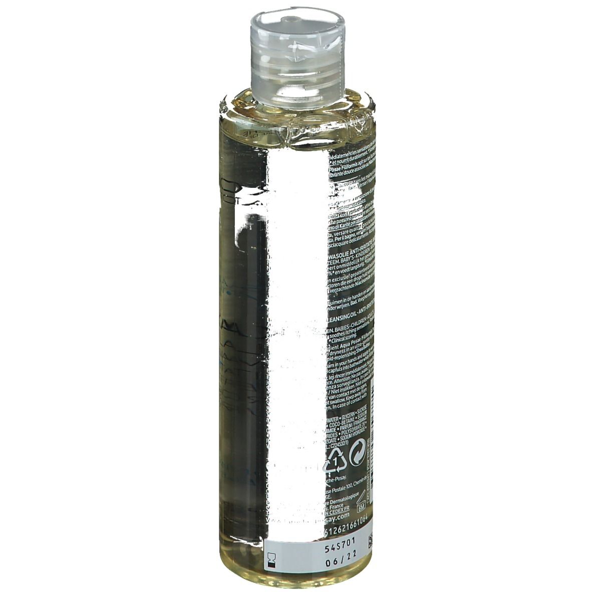 Olio detergente per il corpo in bottiglia con tappo trasparente. Etichetta con informazioni sul prodotto.