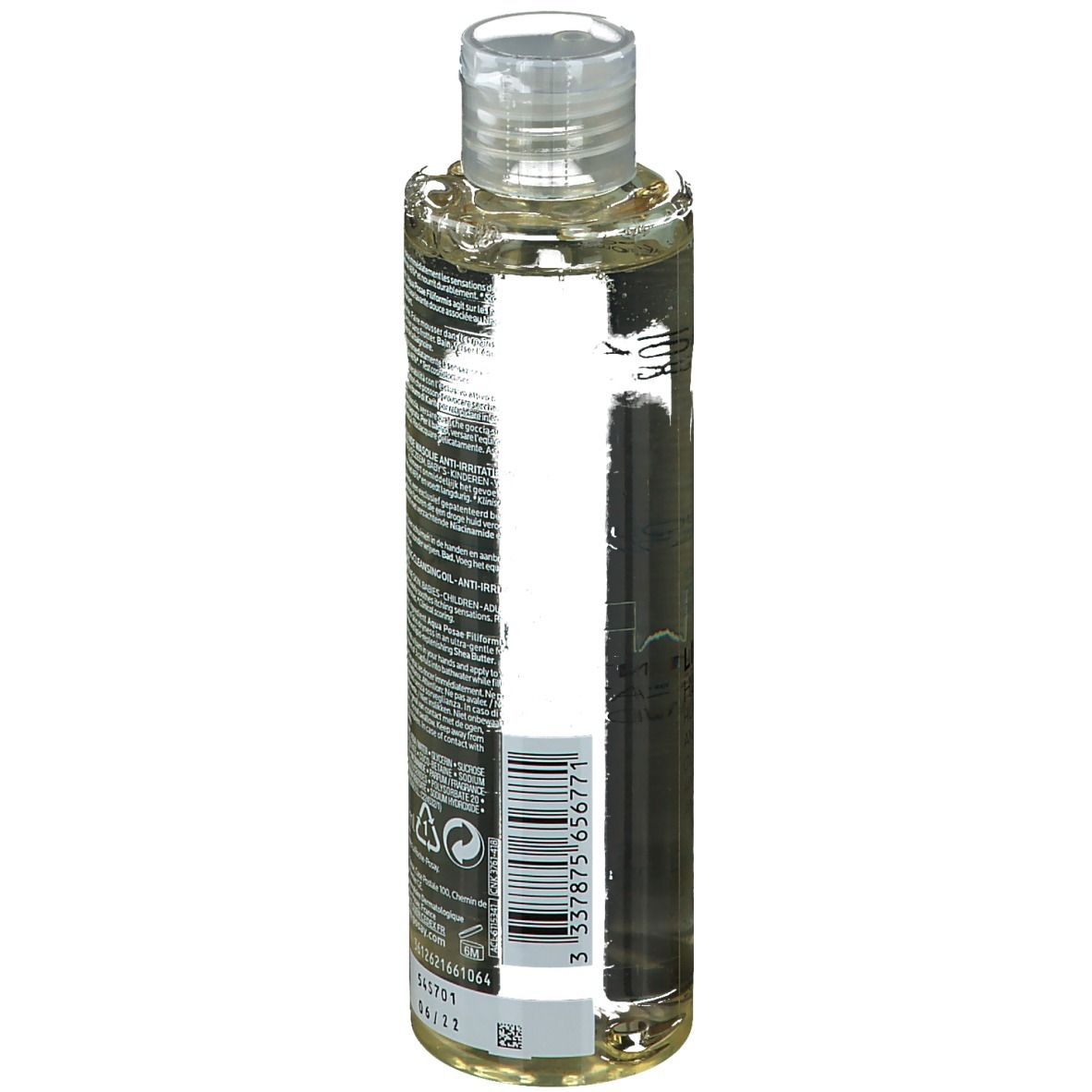 Olio detergente per il corpo in bottiglia con tappo trasparente. Etichetta con informazioni sul prodotto.