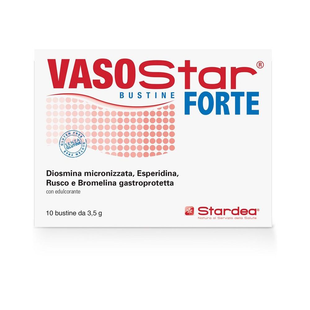 Confezione di Vasostar Forte. Scatola bianca con testo rosso e blu. Contiene 10 bustine.