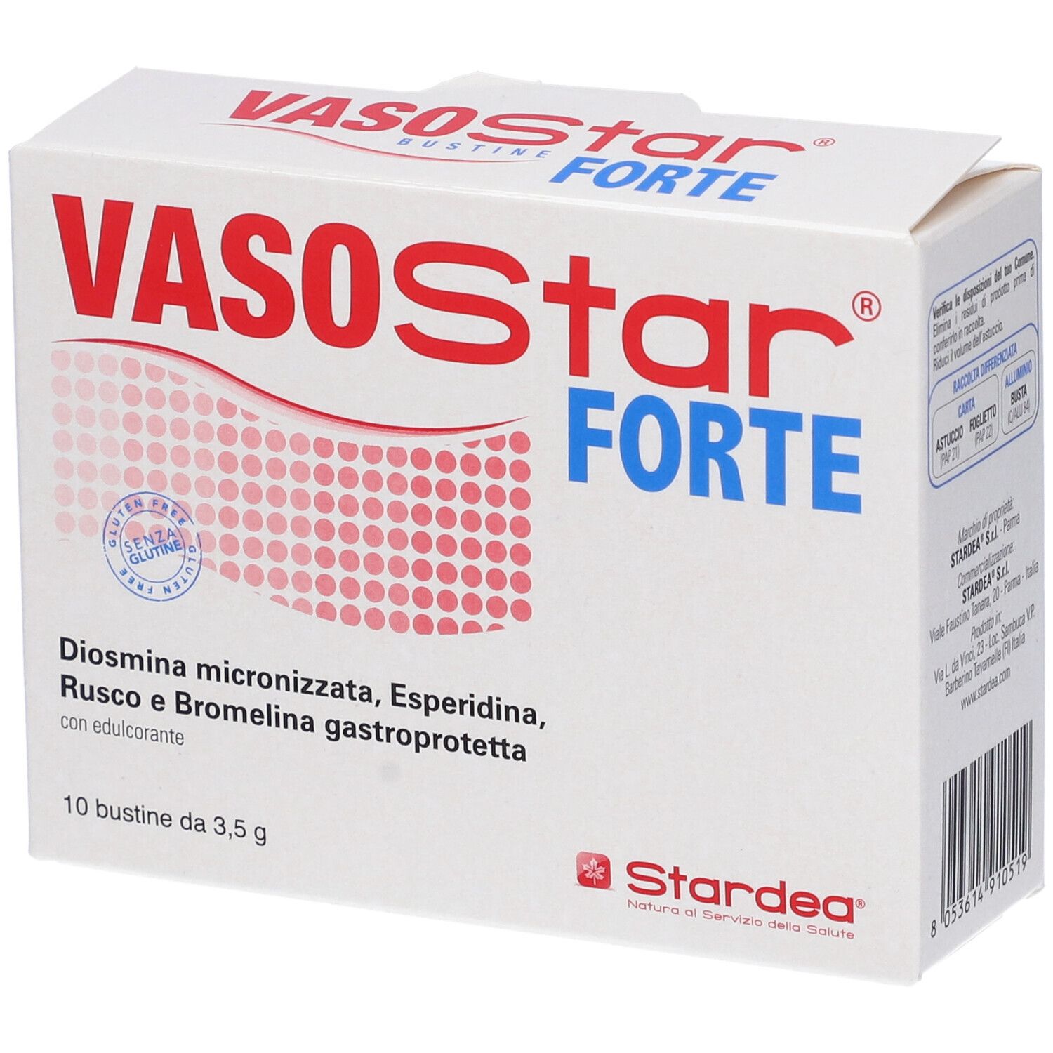 Confezione di Vasostar Forte. Scatola bianca, testo rosso e blu. 10 bustine, ingredienti.