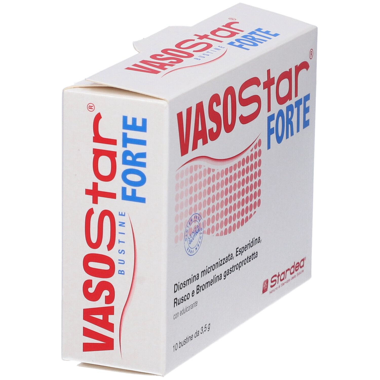 Confezione di Vasostar Forte. Scatola bianca, testo rosso e blu. Vista dall'alto.
