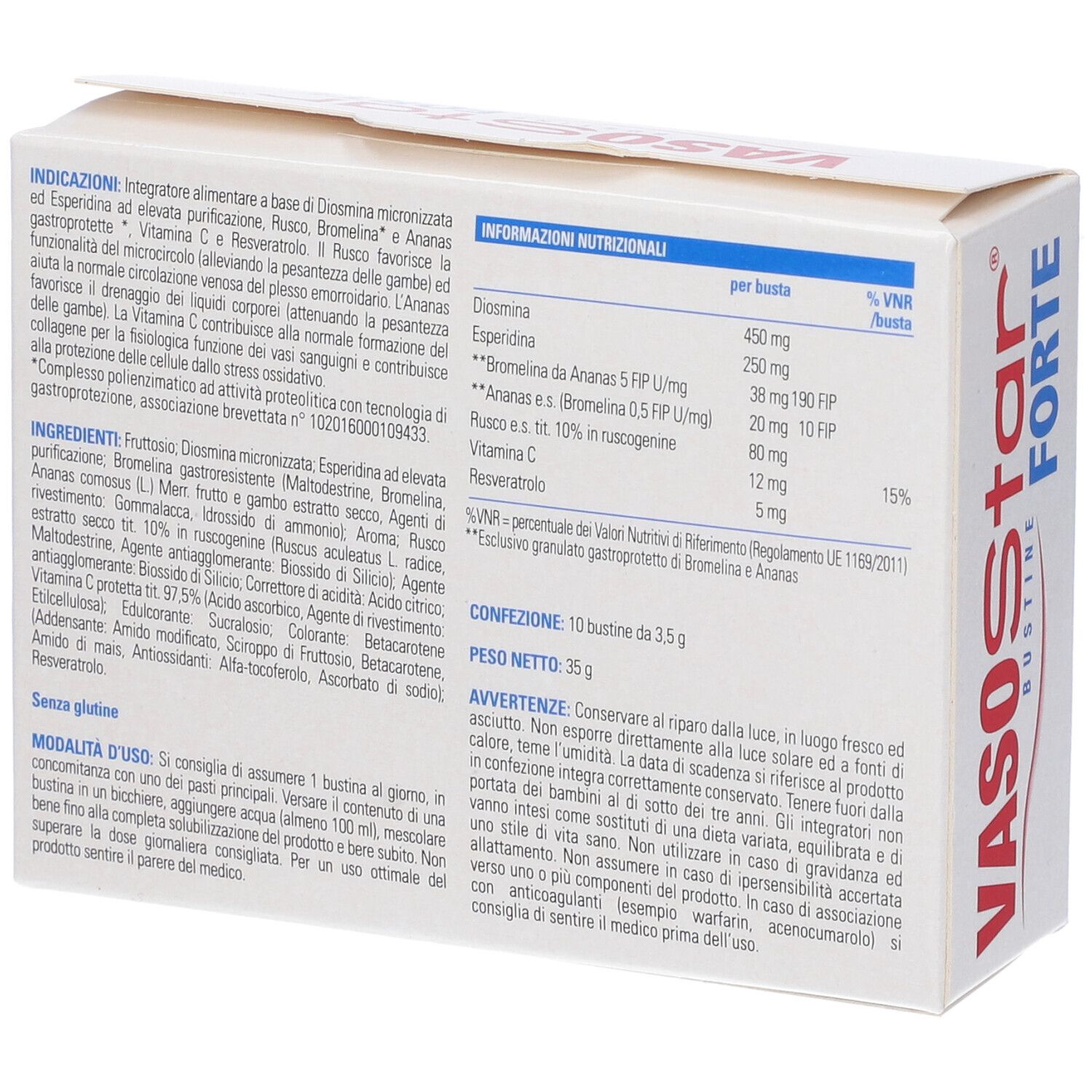 Confezione di Vasostar Forte. Scatola bianca, testo rosso e blu. Retro con informazioni nutrizionali.