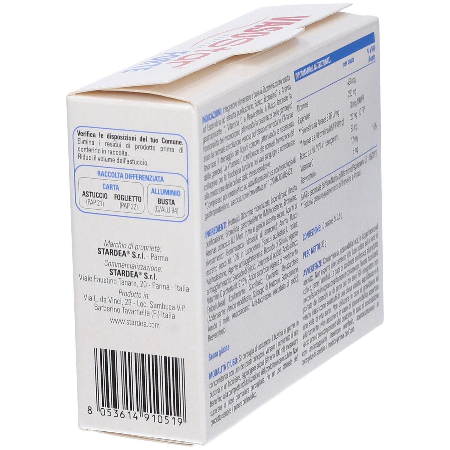 Confezione di Vasostar Forte. Scatola bianca, testo rosso e blu. Retro con informazioni nutrizionali.