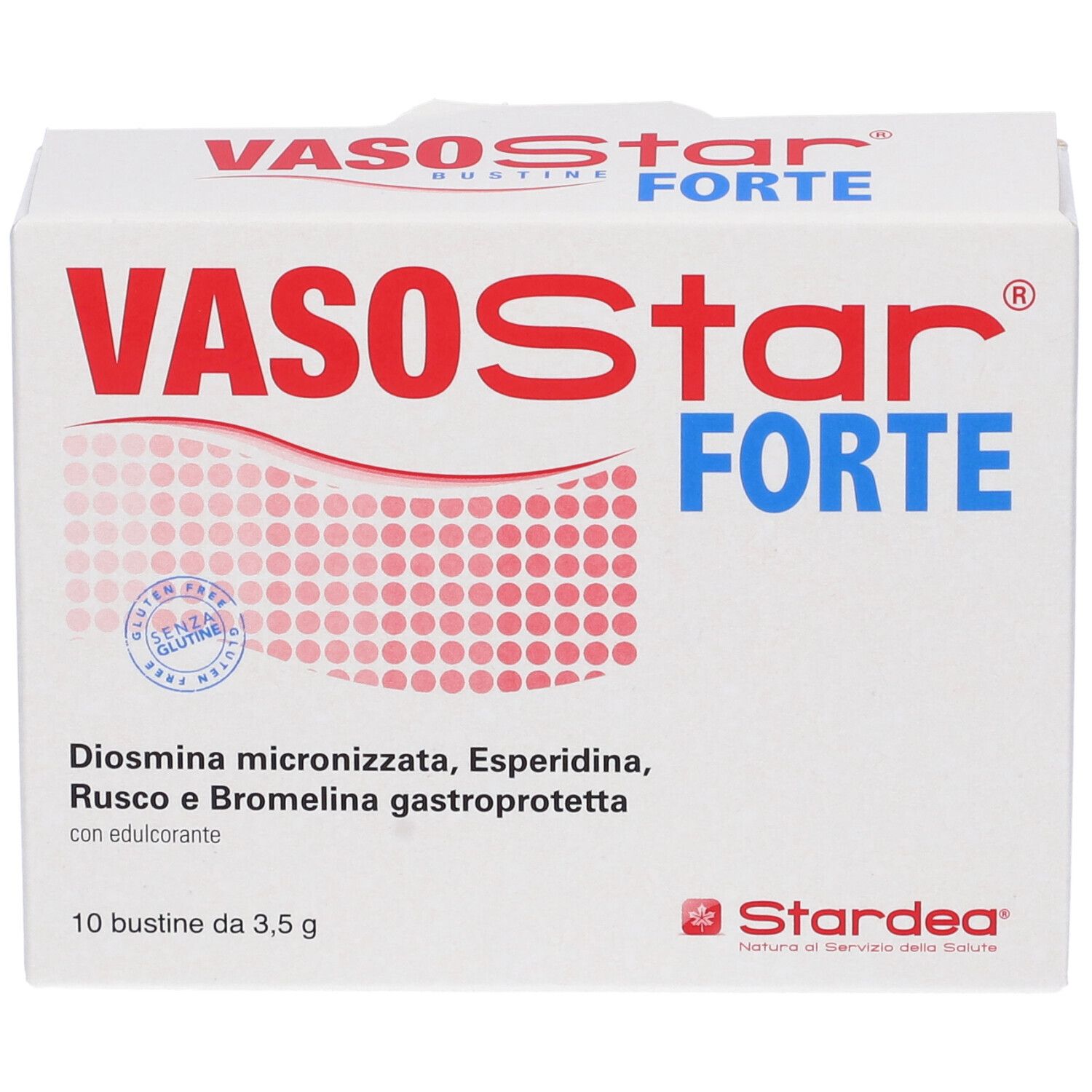 Confezione di Vasostar Forte. Scatola bianca con testo rosso e blu. Contiene 10 bustine.
