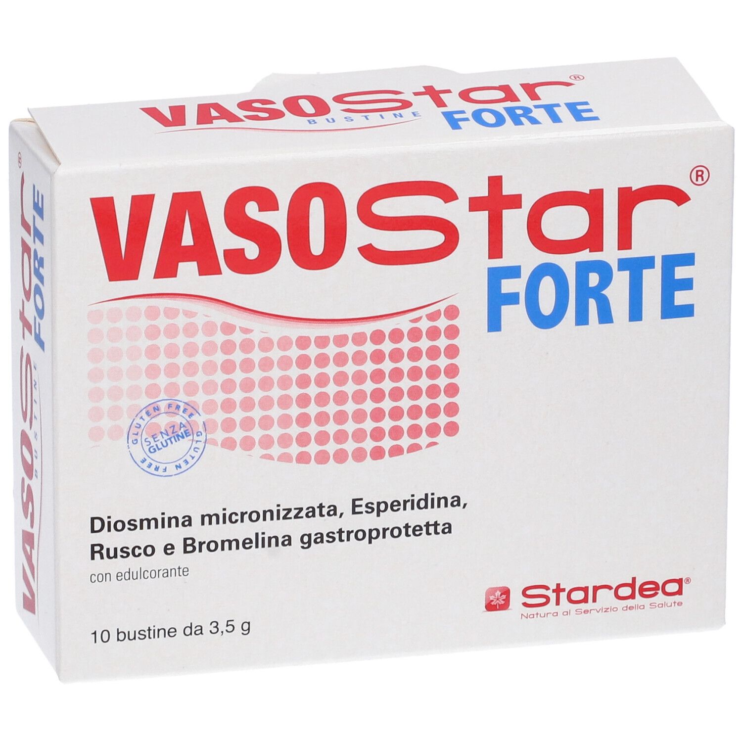 Confezione di Vasostar Forte. Scatola bianca con testo rosso e blu. Contiene 10 bustine.
