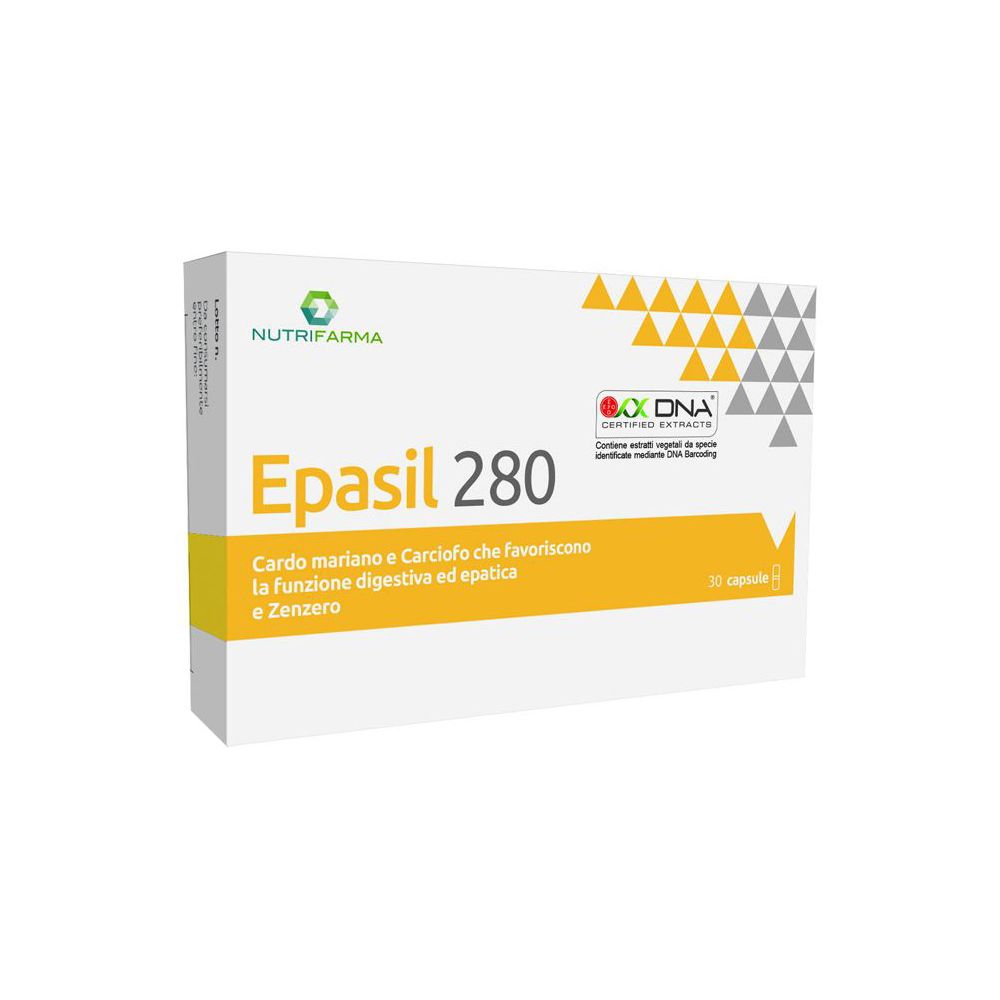 Scatola bianca Epasil 280. Striscia gialla con testo. Logo Nutrifarma. Certificazione OXA DNA. 30 capsule.