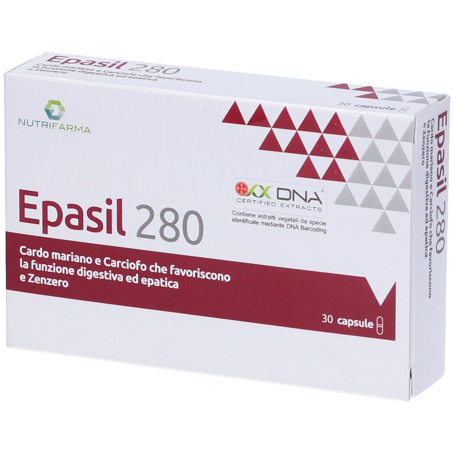 Scatola bianca Epasil 280. Dettagli rossi. Logo Nutrifarma. Certificazione OXA DNA. 30 capsule.
