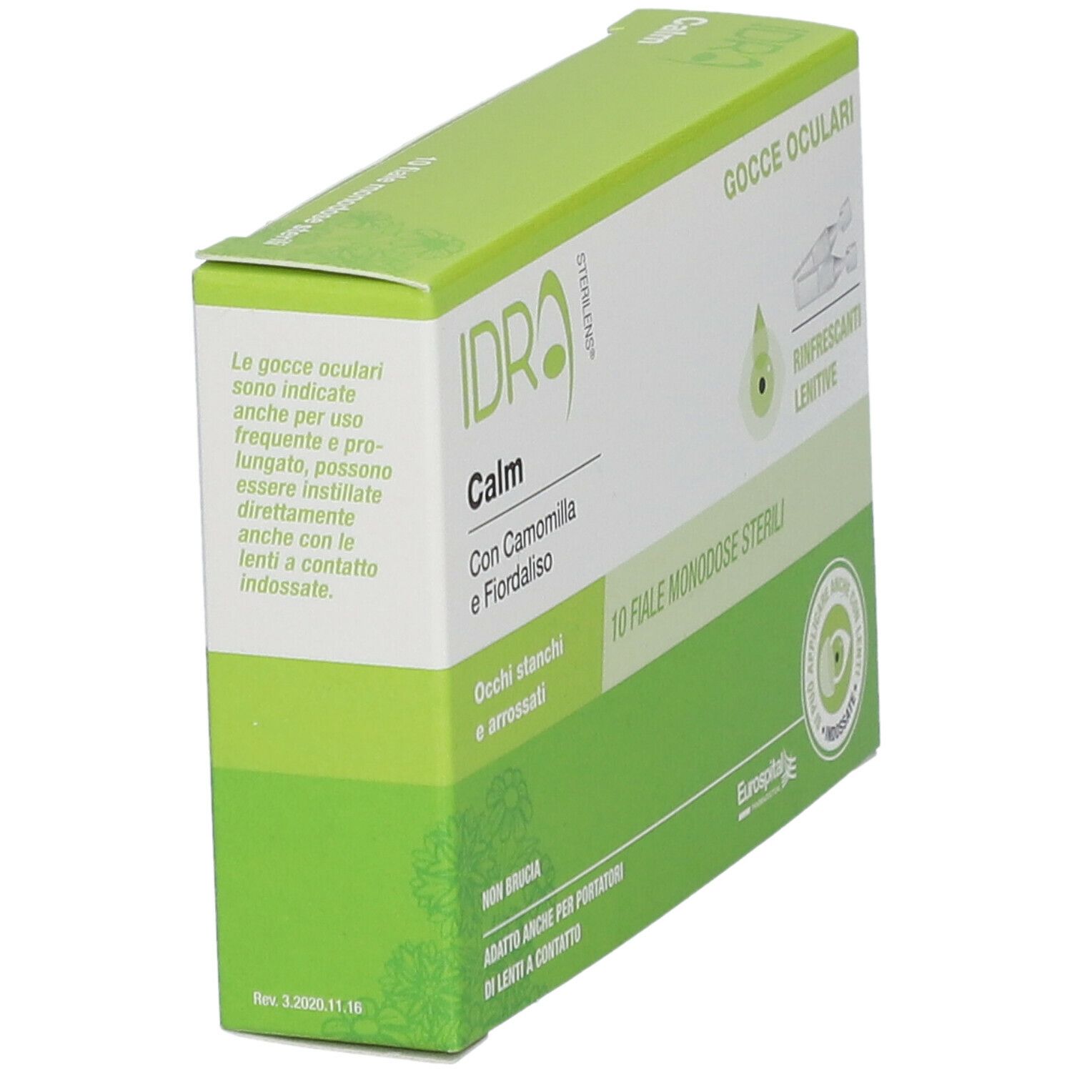 Scatola di gocce oculari "IDRA Calm", angolata. Contiene 10 fiale monodose sterili. Confezione verde e bianca.