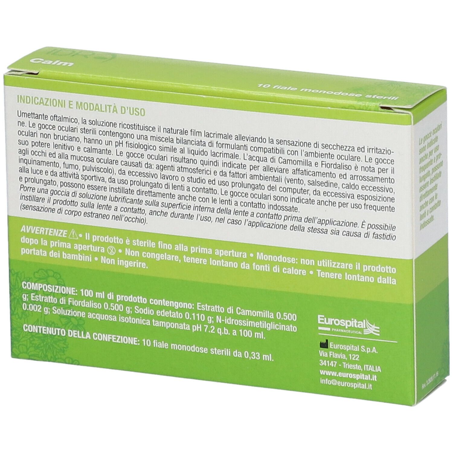 Retro della scatola di gocce oculari "IDRA Calm". Informazioni testuali, ingredienti e modalità d'uso.