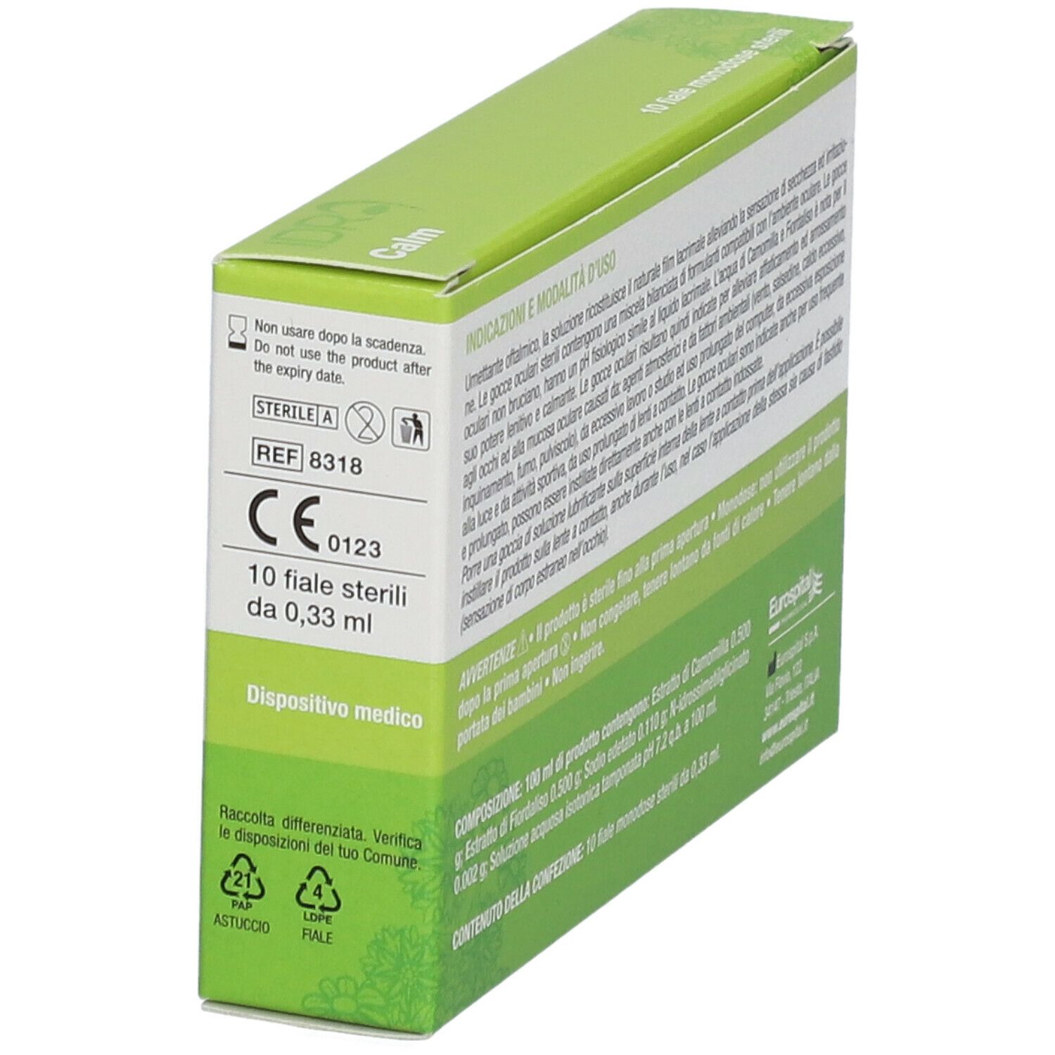 Lato della scatola di gocce oculari "IDRA Calm". Testo, numero di lotto, marchio CE, 10 monodose sterili.