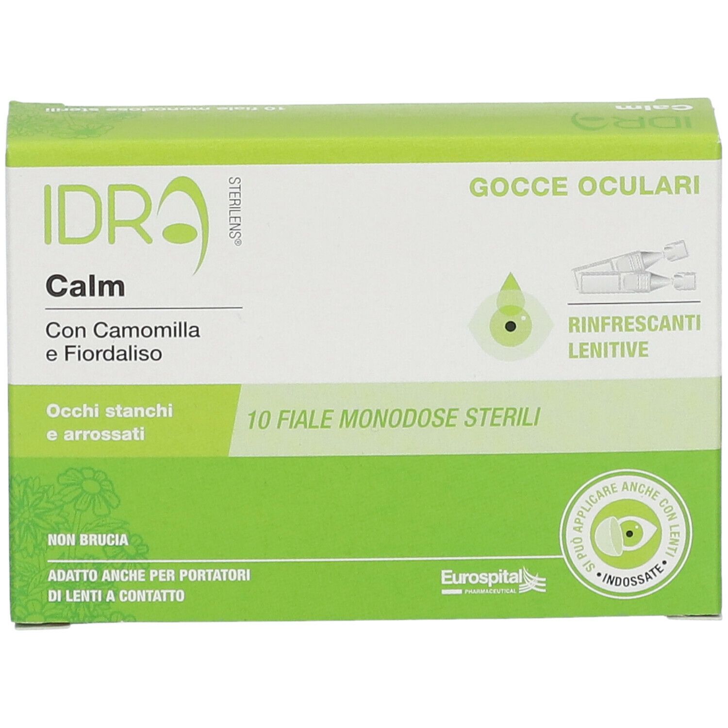 Scatola di gocce oculari "IDRA Calm". Contiene 10 fiale monodose sterili. Confezione verde e bianca.