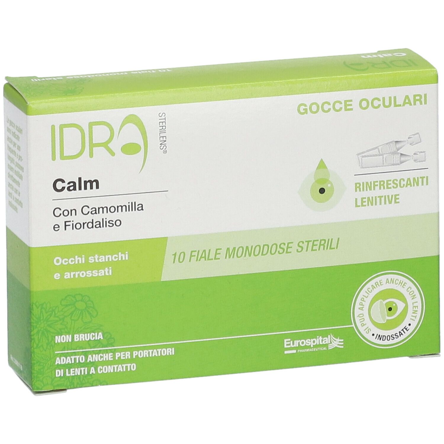 Scatola di gocce oculari "IDRA Calm". Contiene 10 fiale monodose sterili. Confezione verde e bianca.