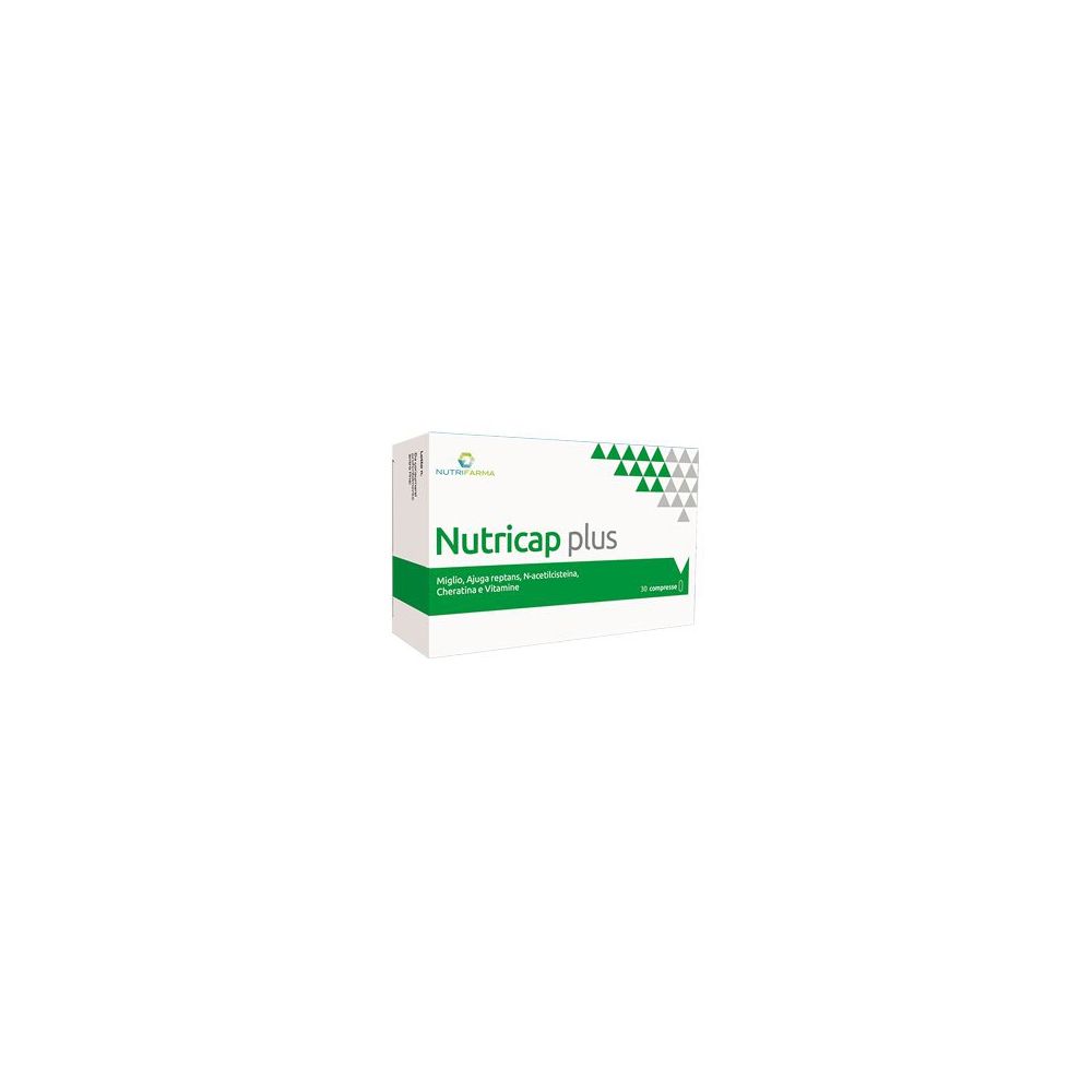 Scatola bianca con fascia verde e scritta Nutricap plus. Triangoli verdi e bianchi in alto a destra.