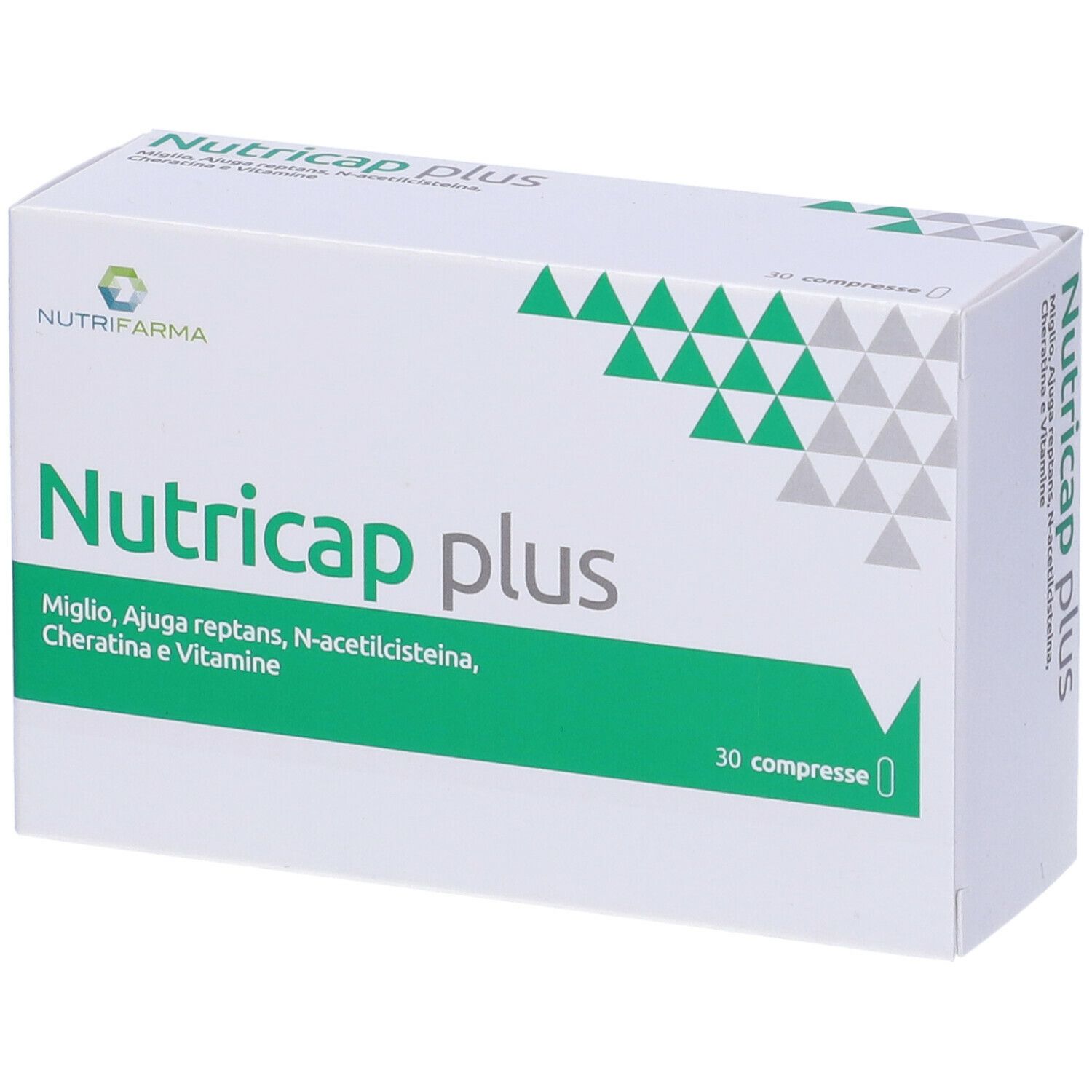 Scatola bianca con Nutricap plus. Scritta Nutrifarma. 30 compresse. Triangoli verdi e bianchi.