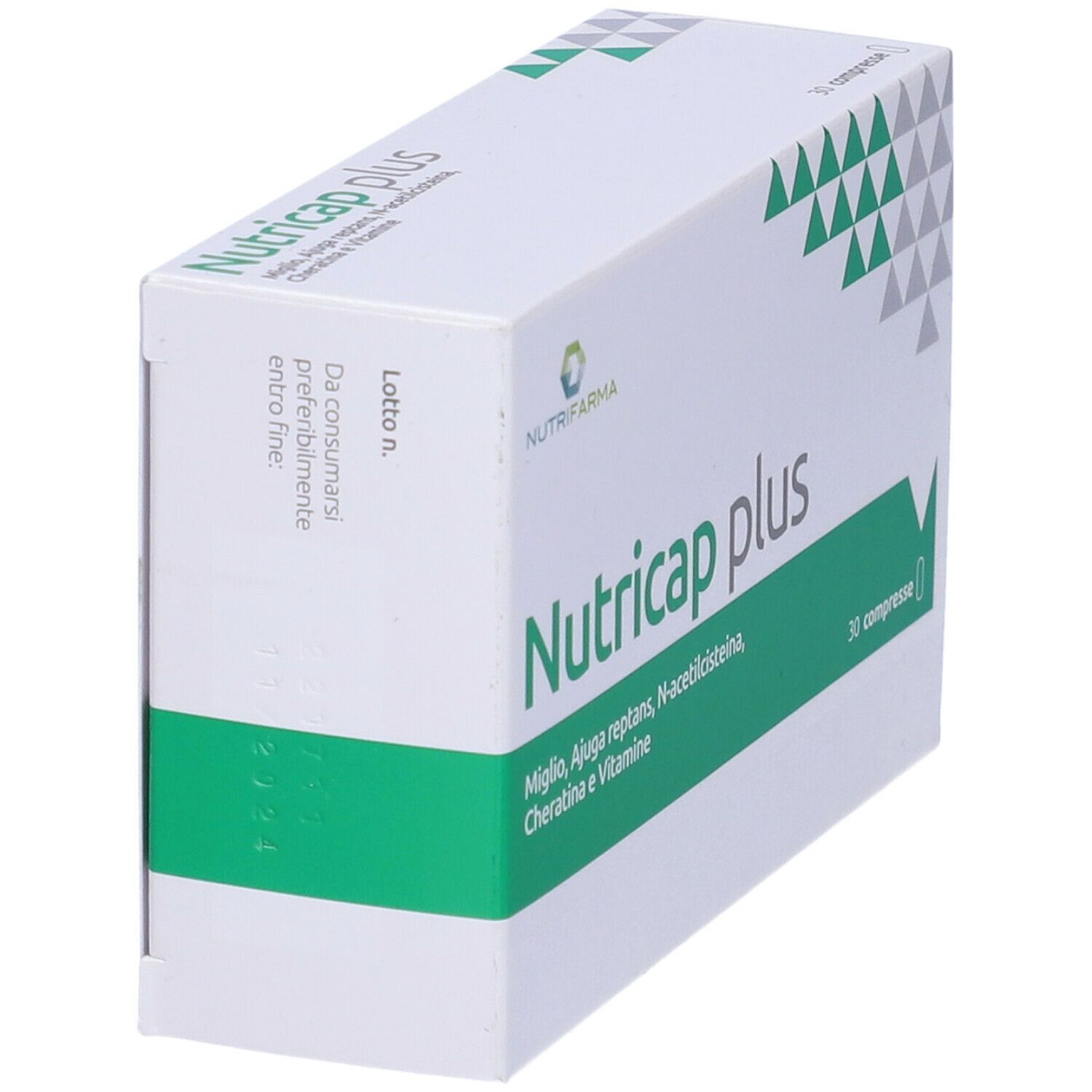 Scatola bianca con Nutricap plus. 30 compresse. Triangoli verdi e bianchi. Scritta Nutrifarma.