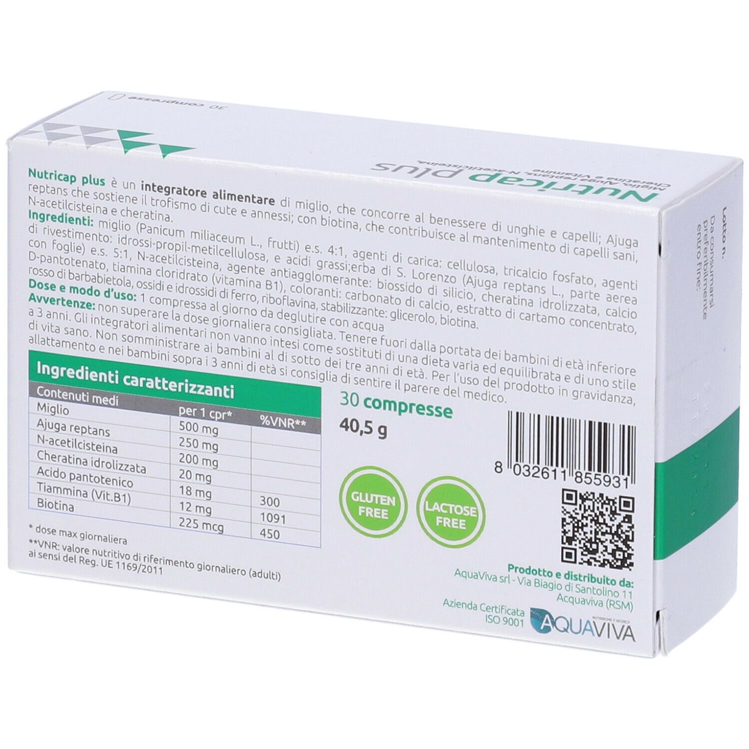 Scatola bianca con Nutricap plus. Elenco ingredienti, 30 compresse, senza glutine e lattosio.