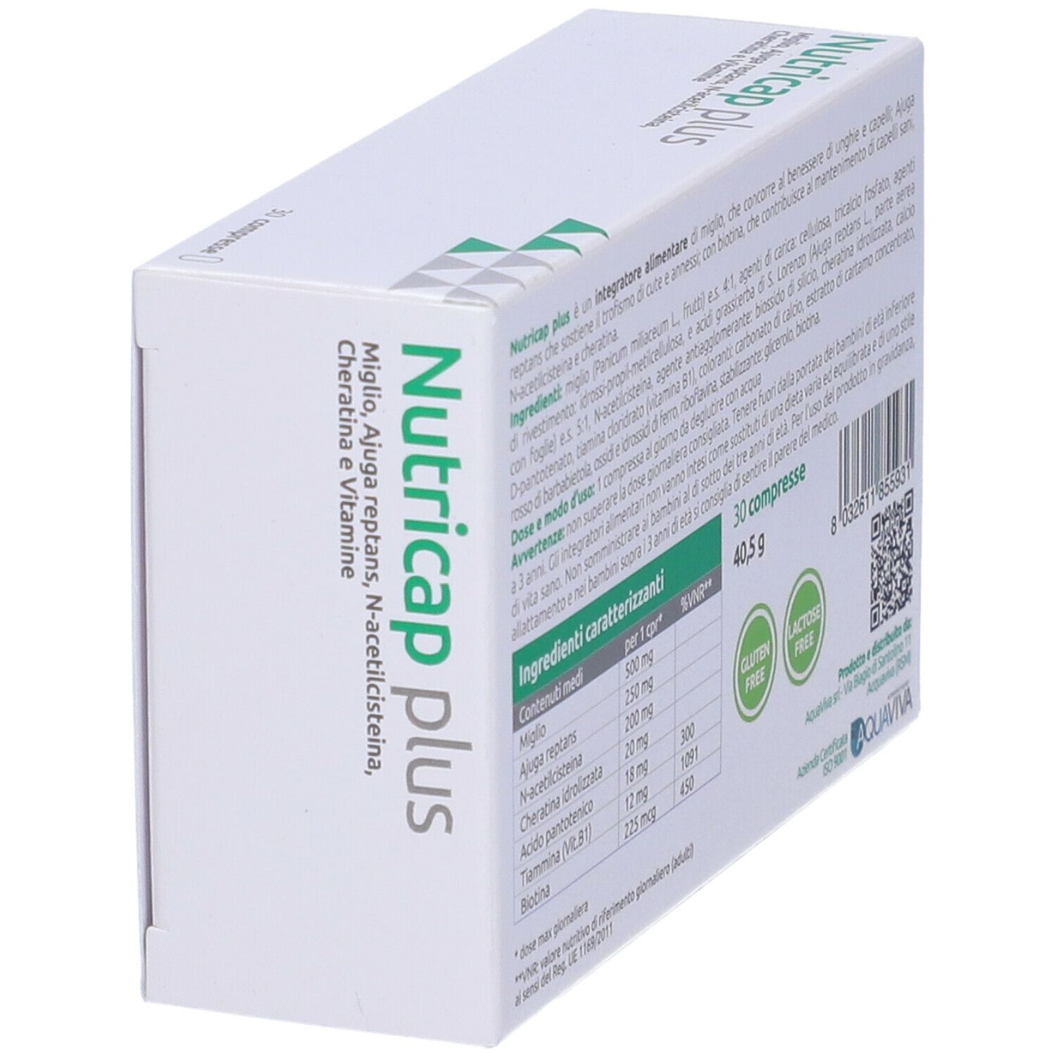 Scatola bianca con Nutricap plus. Elenco ingredienti, 30 compresse, senza glutine e lattosio.