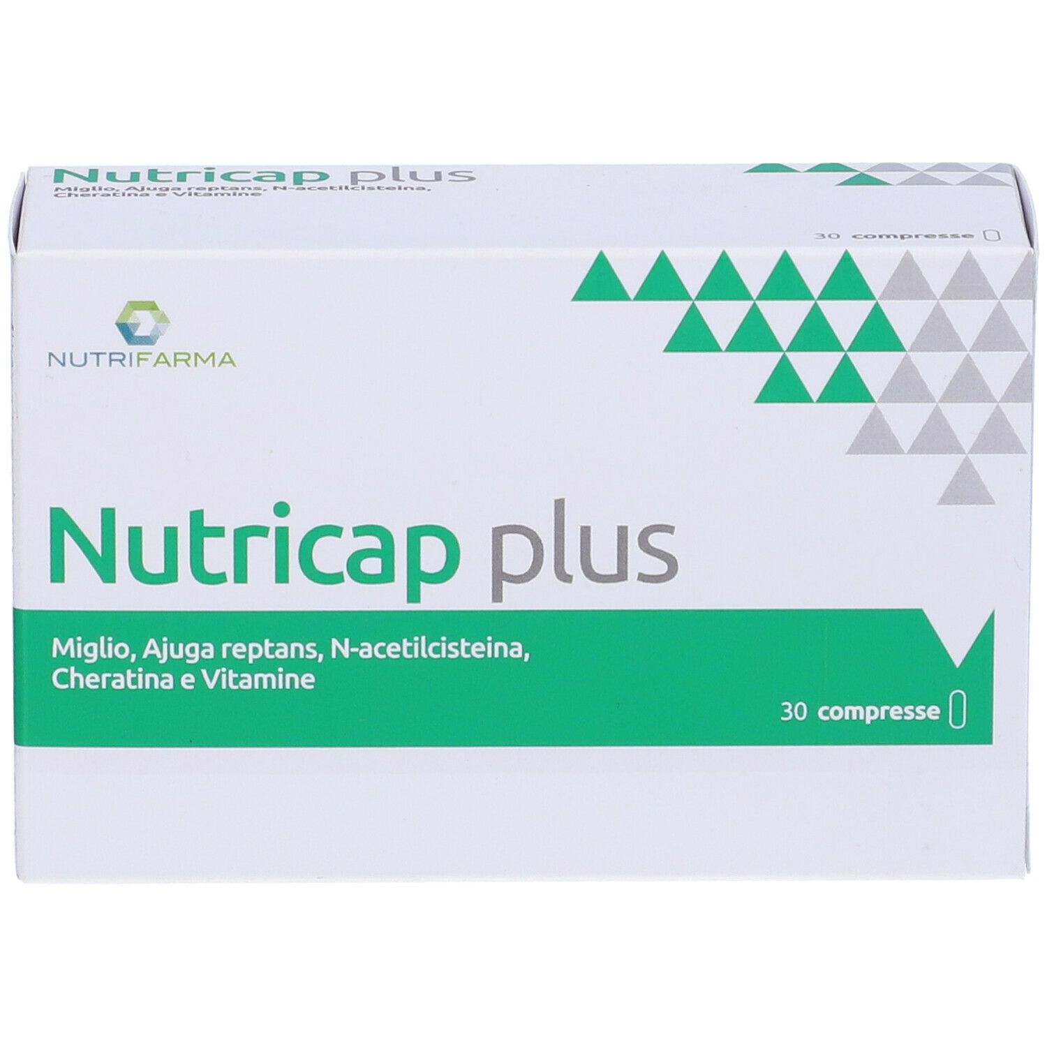 Scatola bianca con Nutricap plus. 30 compresse. Scritta Nutrifarma. Triangoli verdi e bianchi.
