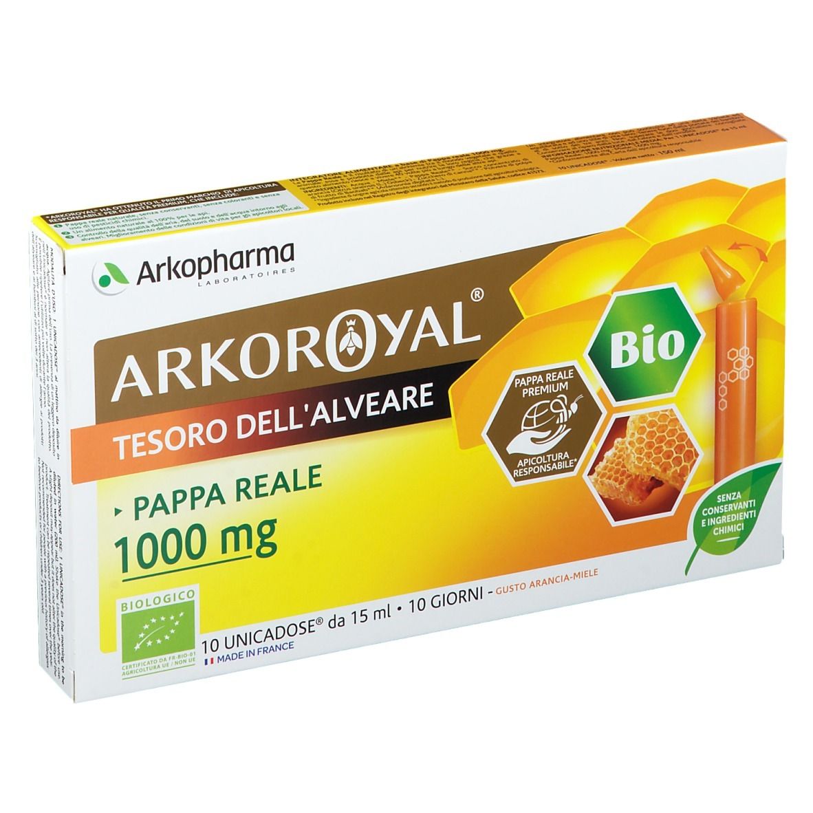Confezione Arkopharma Arkoroyal Pappa Reale 1000 mg BIO. 10 monodose. Certificazione biologica.