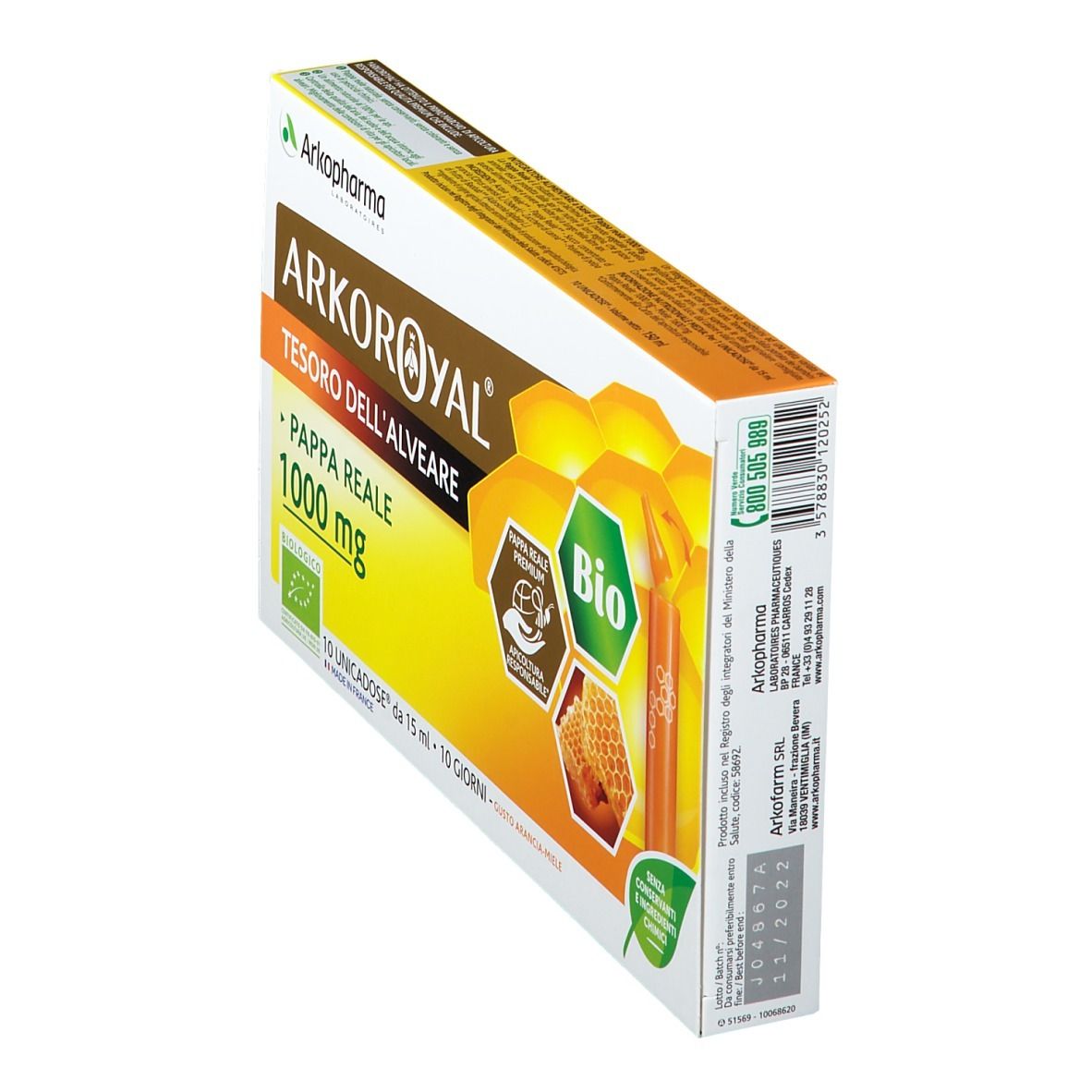 Vista angolata della confezione Arkopharma Arkoroyal. Testo: Pappa Reale 1000 mg, logo Bio. 10 monodose.