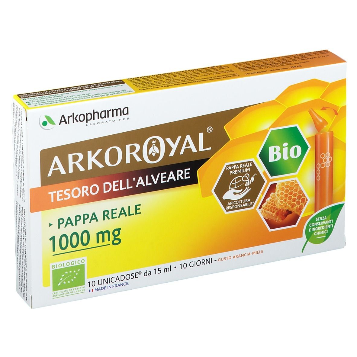 Confezione Arkopharma Arkoroyal Pappa Reale 1000 mg BIO. 10 monodose. Certificazione biologica.