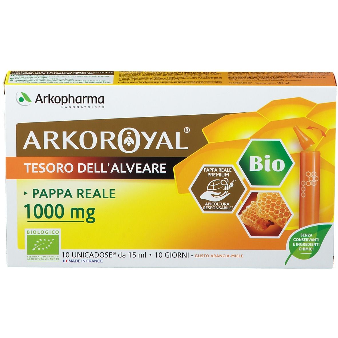 Confezione Arkopharma Arkoroyal Pappa Reale 1000 mg BIO. 10 monodose. Certificazione biologica.