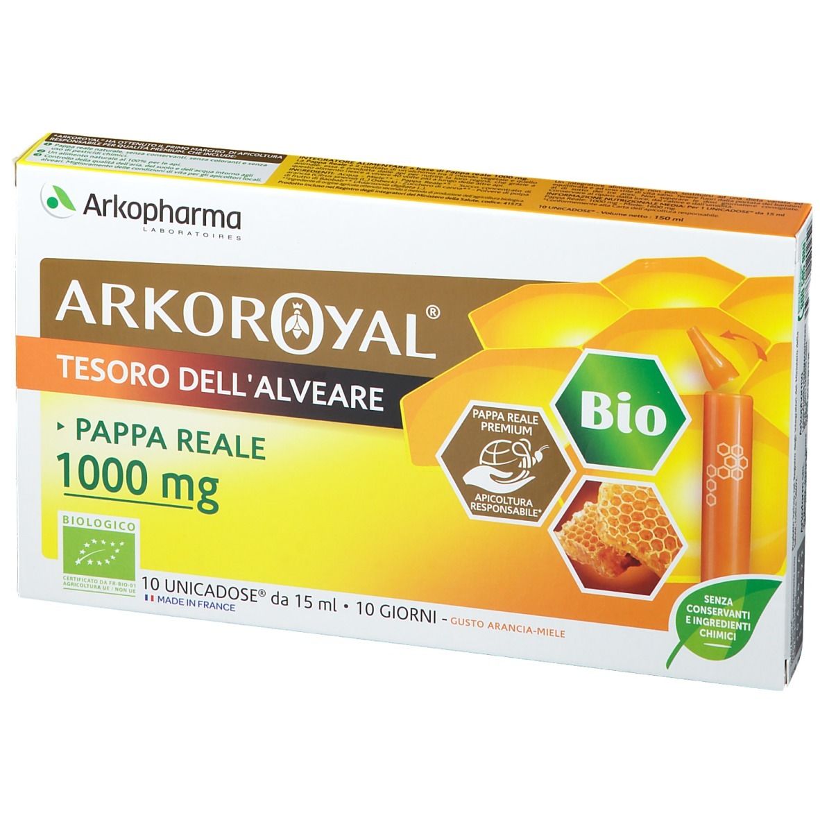 Confezione Arkopharma Arkoroyal Pappa Reale 1000 mg BIO. 10 monodose. Certificazione biologica.