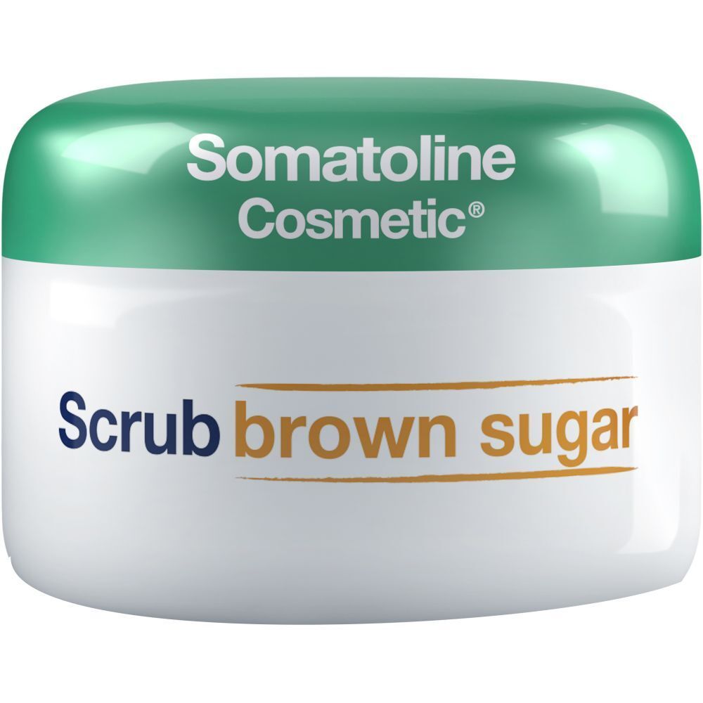 Weißer Tiegel mit grünem Deckel. Aufschrift: Somatoline Cosmetic, Scrub brown sugar.